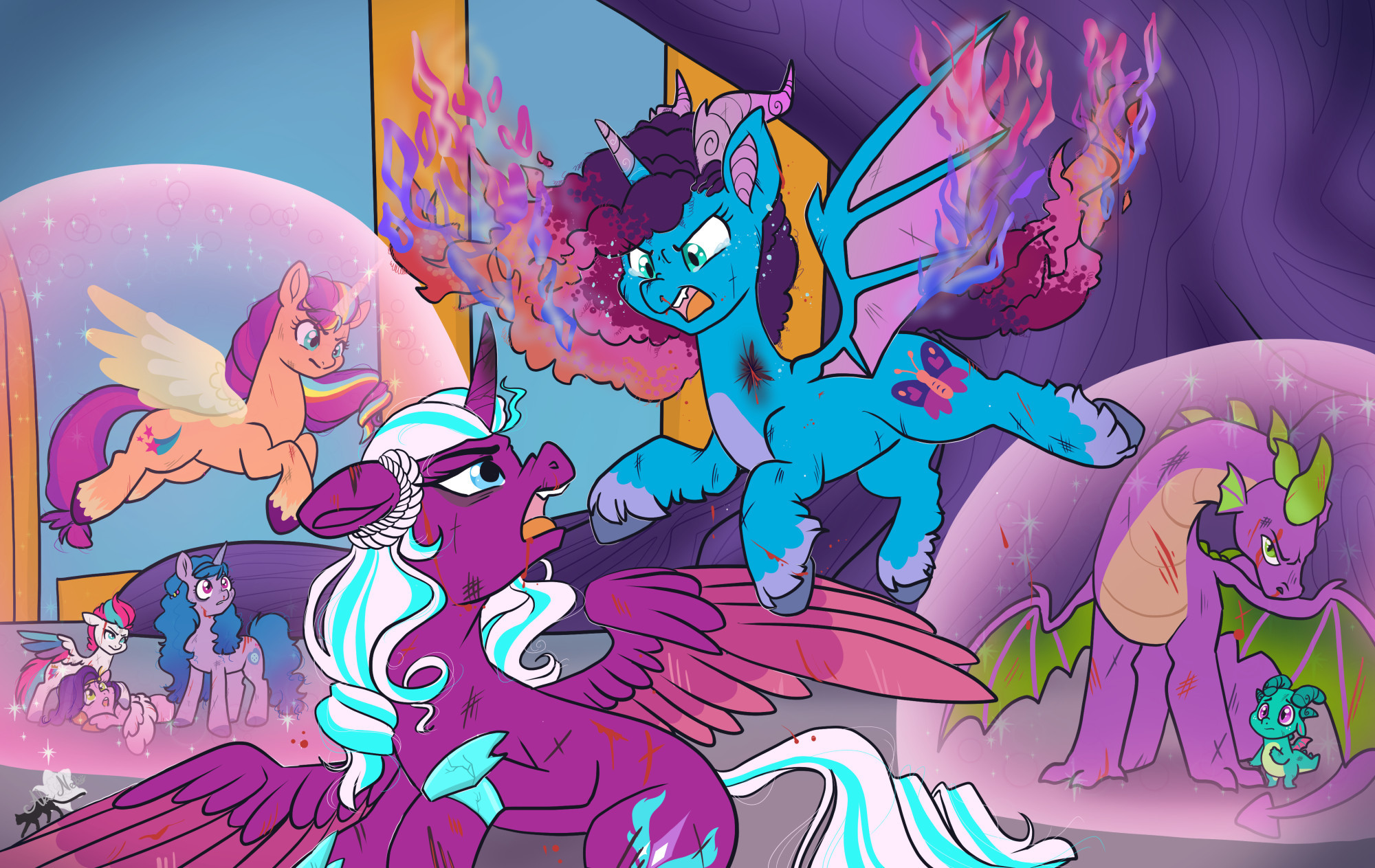 The rest of the mane 6 plus Spike and Sparky shelter in sheild bubbles, while Misty, having partially transformed into a dragon and burning with purple flame, charges down and finishes the still enraged Opaline.