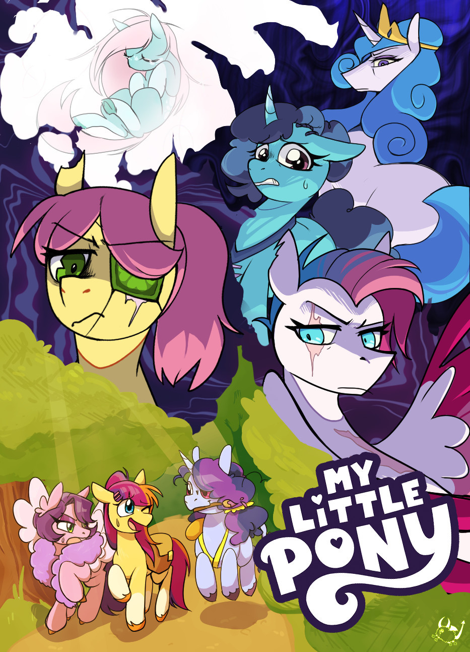 A poster. In bottom right, 3 ponies, Sunny Days, Kerfuffle, and Petunia Petals, walk together. Up and to the right, the scarred face of Zephyr Storm looks down on them. Directly above the trio, the eyepatch wearing Posie looks on angrily. In the top right, the nervous student Twilight Mist looks on pleading, as the stern face of Queen Majesty looks over her shoulder. And on the other side of all of them, shrouded in cloud and mist, the peaceful sleeping form of Minty.