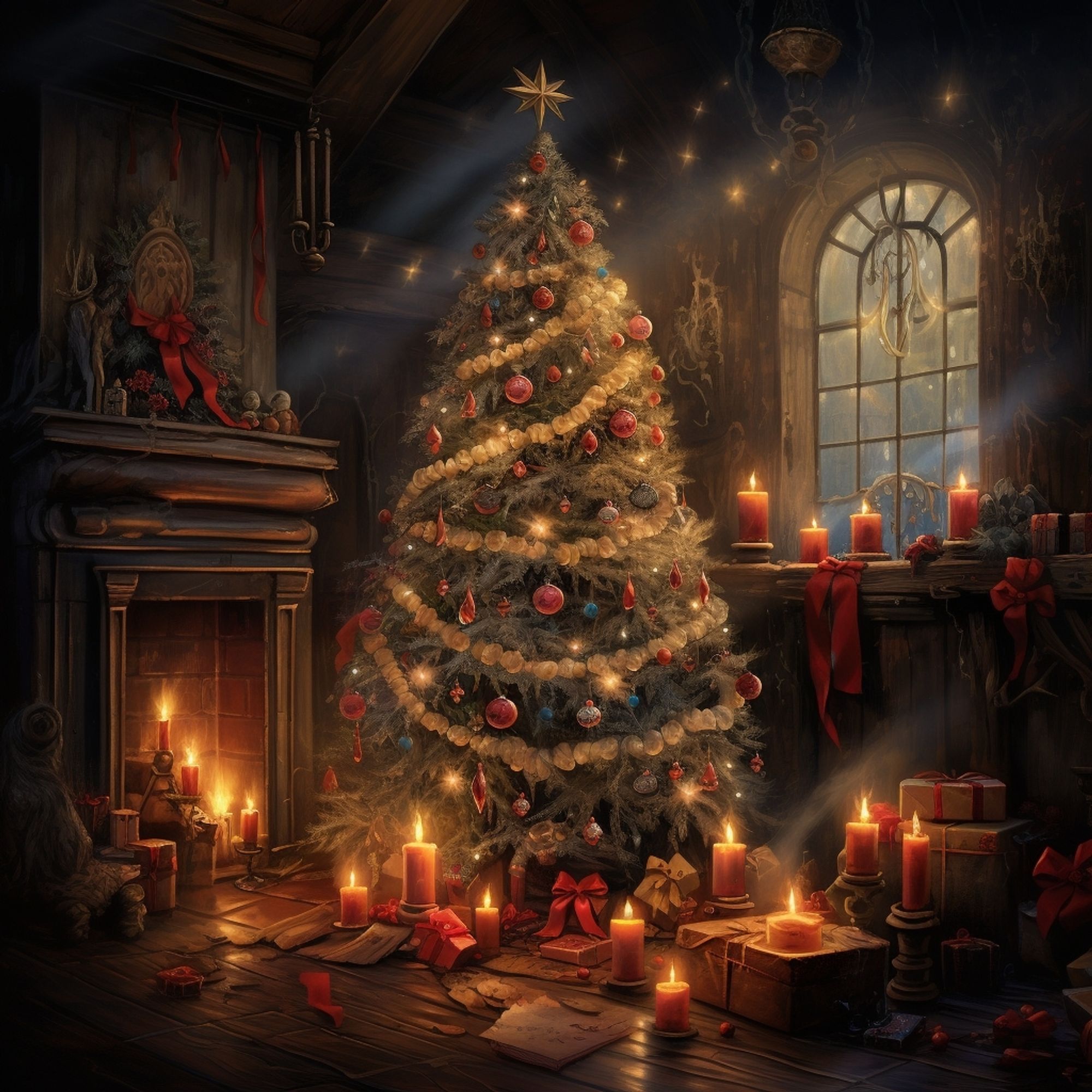 A Christmas tree with gifts underneath, fire in the fireplace, candles all around the room. #AI