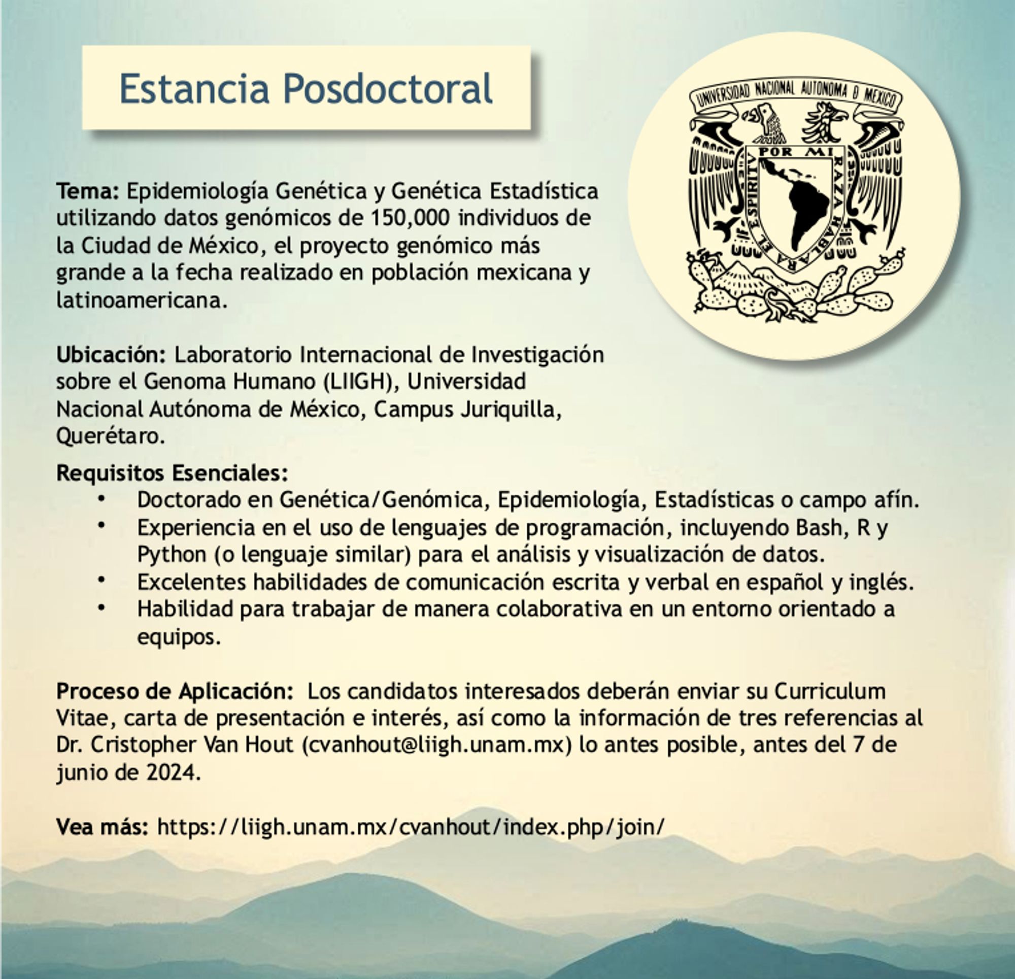 Job description for genetic epidemiology post doctoral position at the LIIGH National Autonomous University of Mexico.