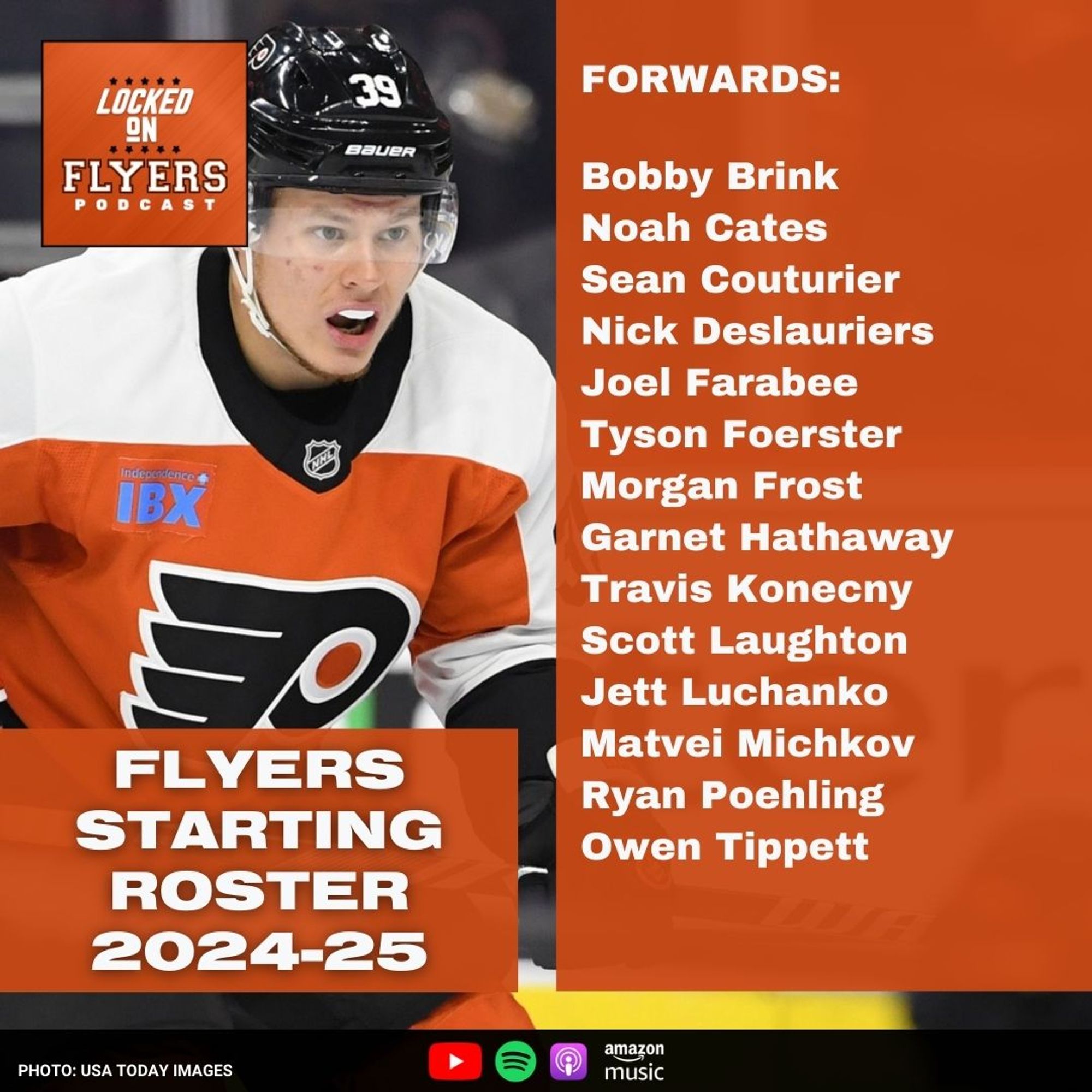 FORWARDS (14)
10 - BOBBY BRINK
11 - TRAVIS KONECNY
14 - SEAN COUTURIER
17 - JETT LUCHANKO
19 - GARNET HATHAWAY
21 - SCOTT LAUGHTON
25 - RYAN POEHLING
27 - NOAH CATES
39 - MATVEI MICHKOV
44 - NICOLAS DESLAURIERS
48 - MORGAN FROST
71 - TYSON FOERSTER
74 - OWEN TIPPETT
86 - JOEL FARABEE