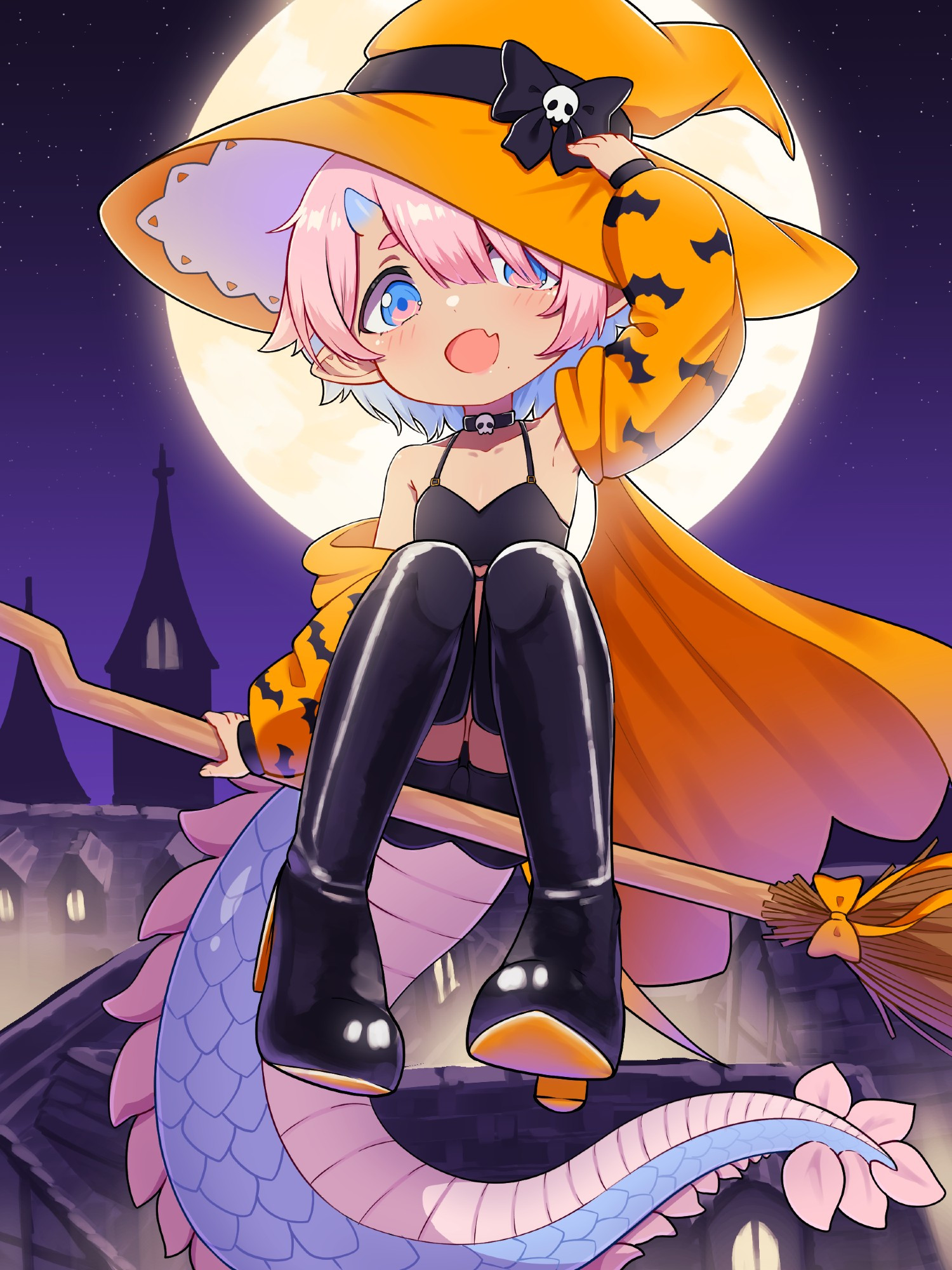 A dragon boy dressed up in an orange witch outfit riding a broom over a town at night