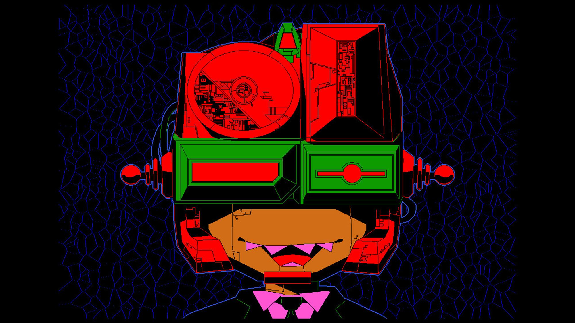 Stylized Illustration of a robotic individual with yellow skin wearing a black suit and large boxy technological headgear. In the place of eyes are two differently shaped green and red eyepieces with vibrant red lenses. Two coil shaped antennas emerge from the side of the helmet that could suggest conduits or external listening devices.