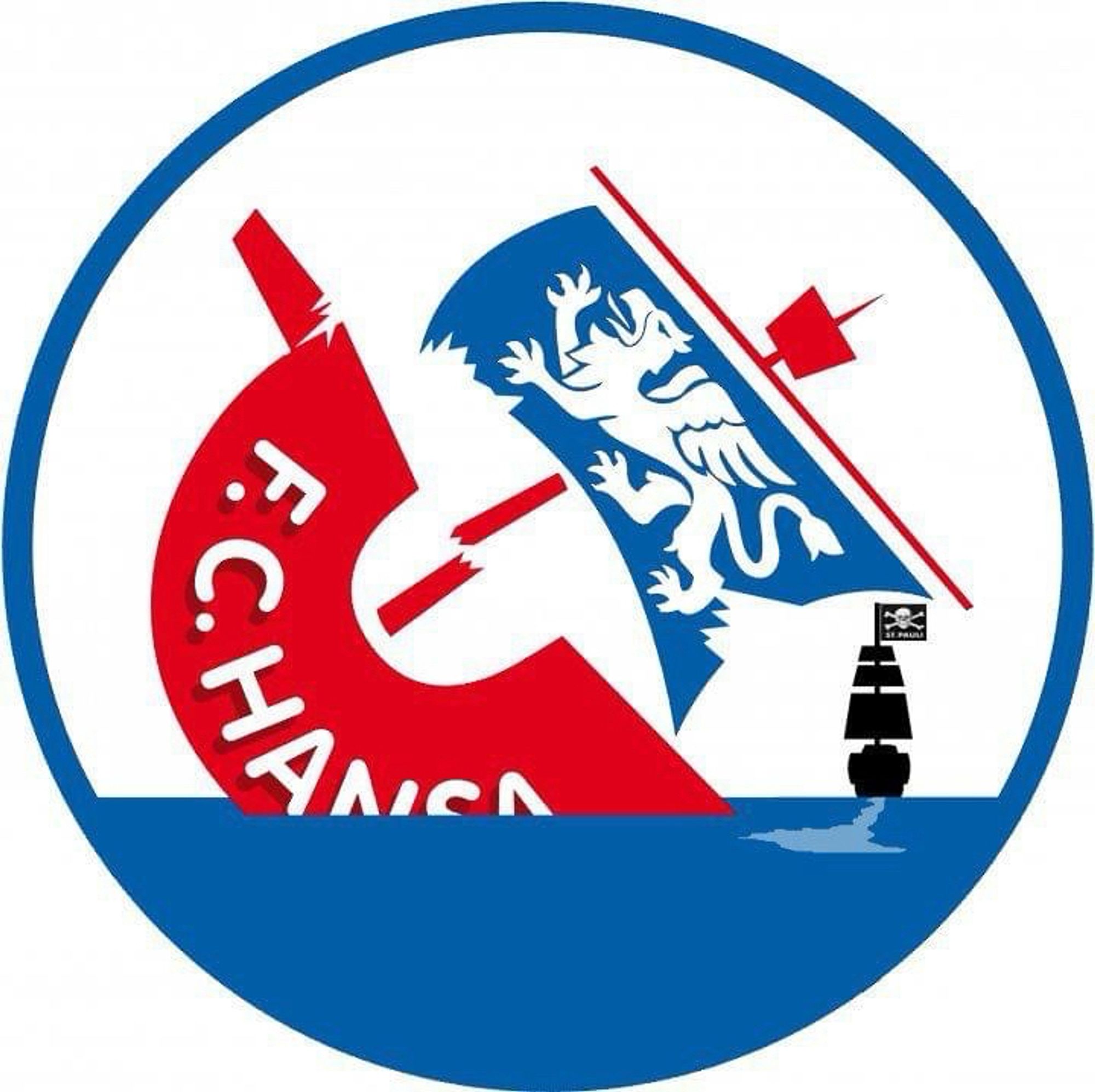 Vereinsemblem vom FC Hansa Rostock mit einer sinkenden Kogge und einem davon segelnden FC St Pauli Piratenschiff.