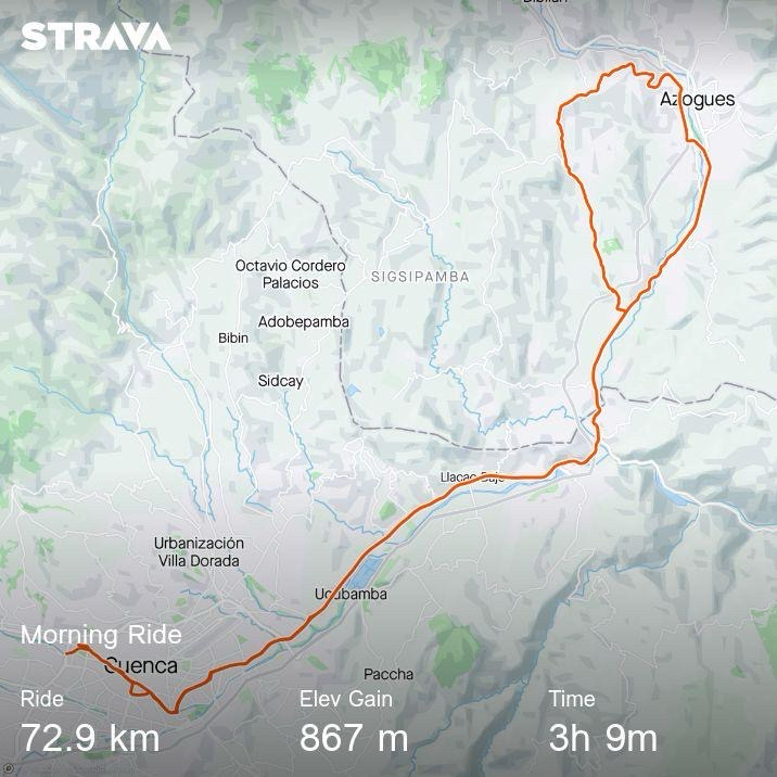 a strava map of today’s ride from cuenca to azogues. it shows that it was 72.9km long with 867 m of climbing and took just over three hours