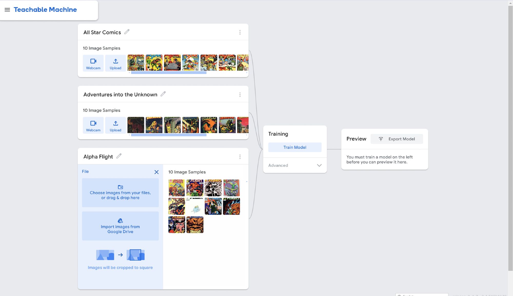 Training "Teachable Machine" on comic book covers