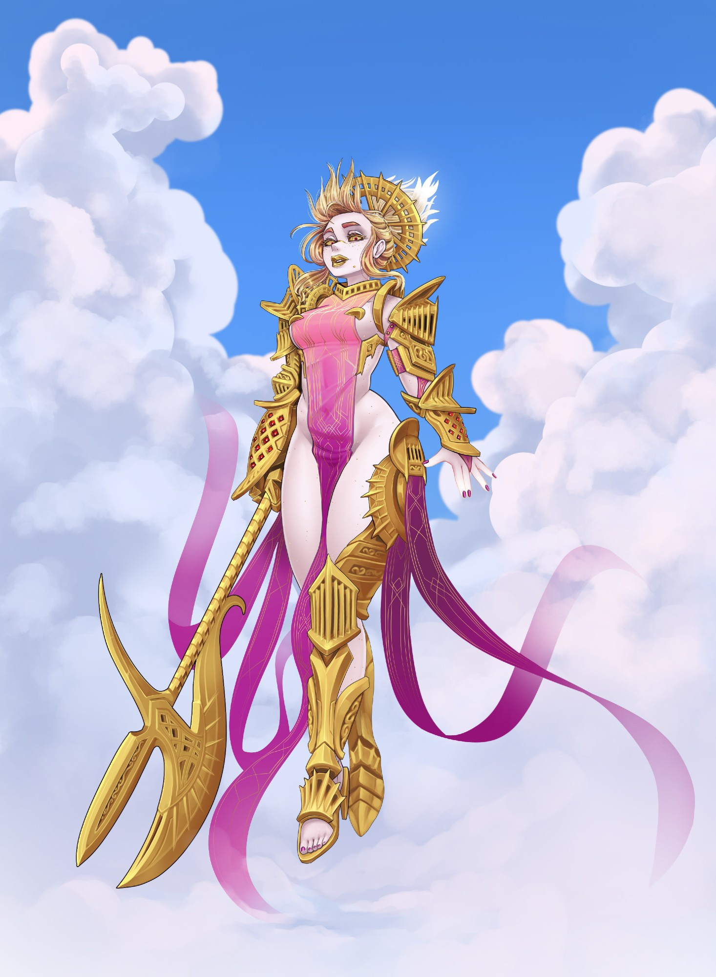 A woman with pure white skin, golden hair and elaborate armor, with silky pink strips of cloth descending through a cloudy background.
