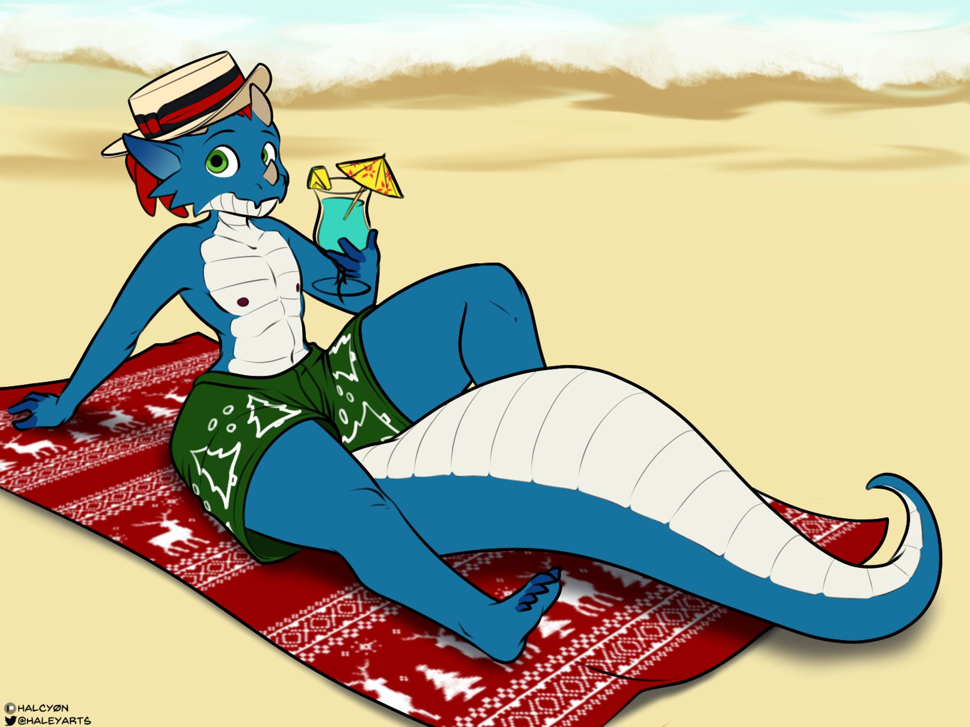 Feminine appearing male blue kobold character relaxing on a Christmas-themed beach towel in Christmas-themed shorts enjoying a tropical drink.