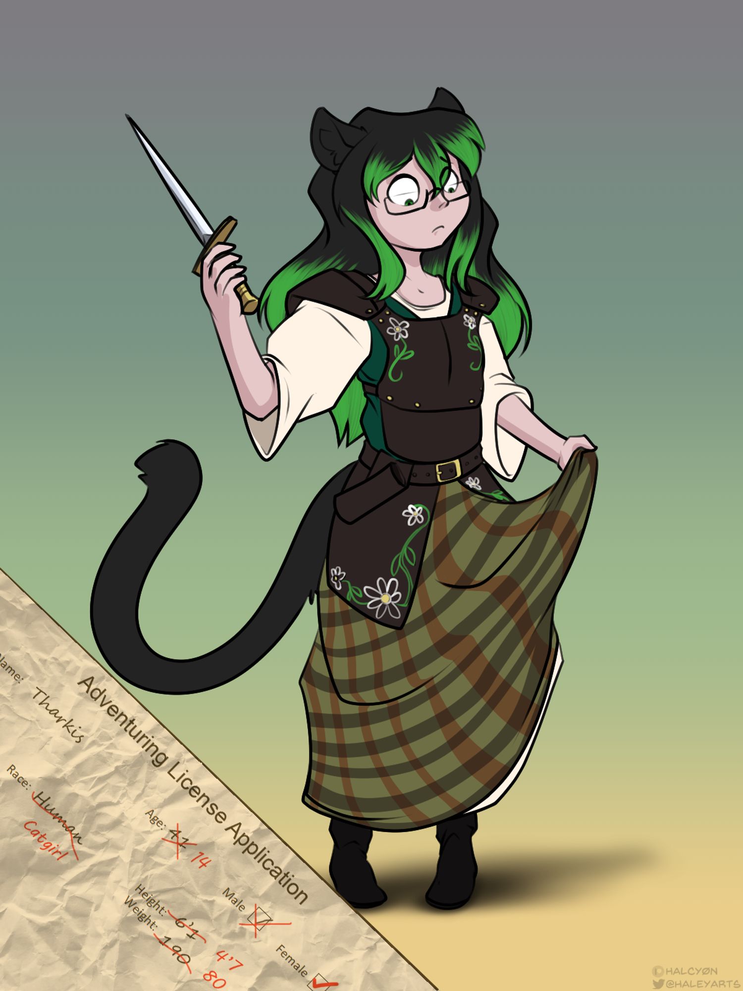 White preteen catgirl in black leather armor with embroidered daisies. She has black hair with green highlights and a black tail. She looks down, lifting her plaid skirt slightly in confusion. Having just transformed from a kilted male warrior type. In the lower left corner of the image is an adventurer's permit paper with some details crossed out and changed that have triggered their transformation