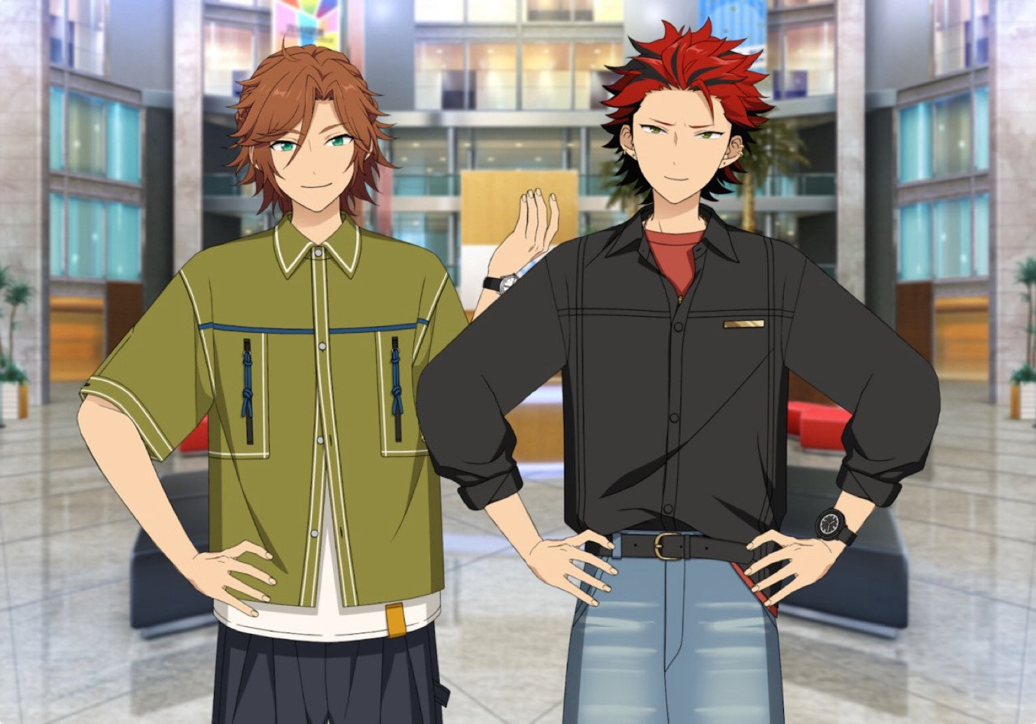 Madara and Kuro waiting in ES lobby for Anzu and Tsumugi, who are late.