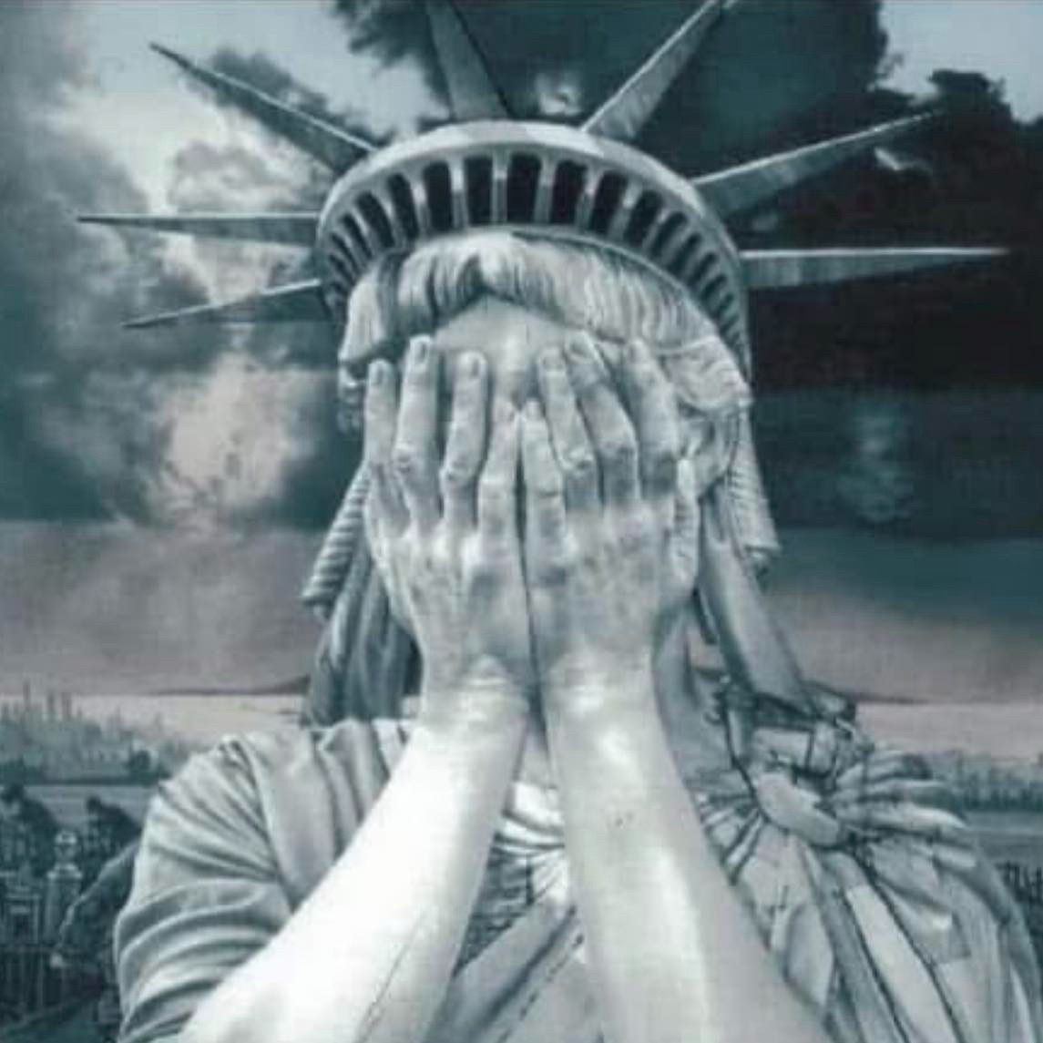 Statue of Liberty sobbing into her hands. 
