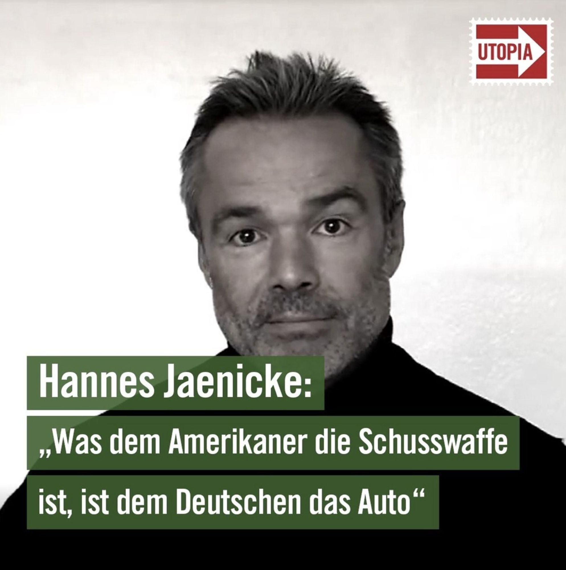 Kachel mit einem Zitat von Hannes Jaenicke mit den Worten: Was dem Amerikaner die Schusswaffe ist, ist dem Deutschen das Auto".