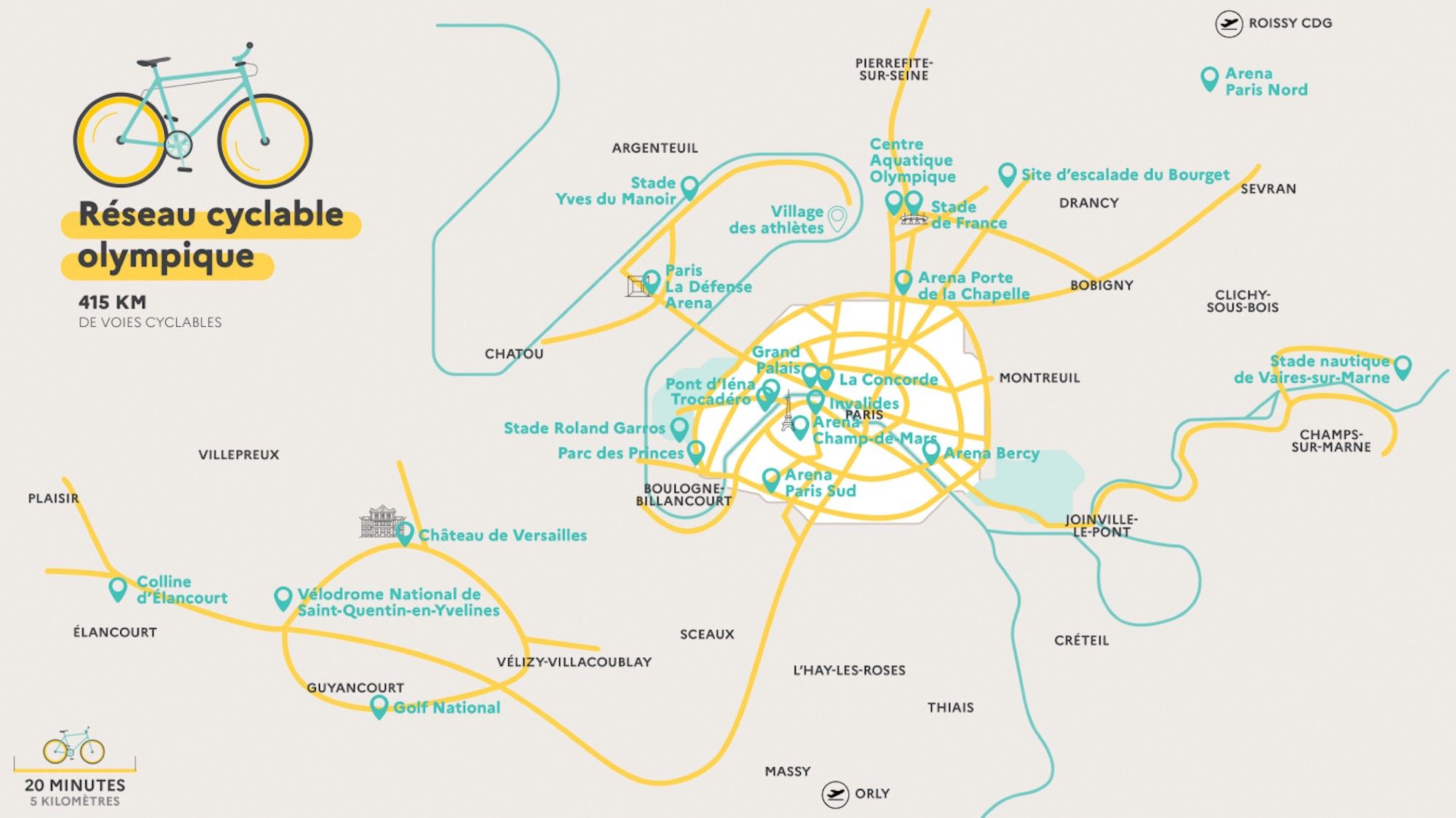 Karte mit dem geplanten Radwegenetz in Paris bis 2024