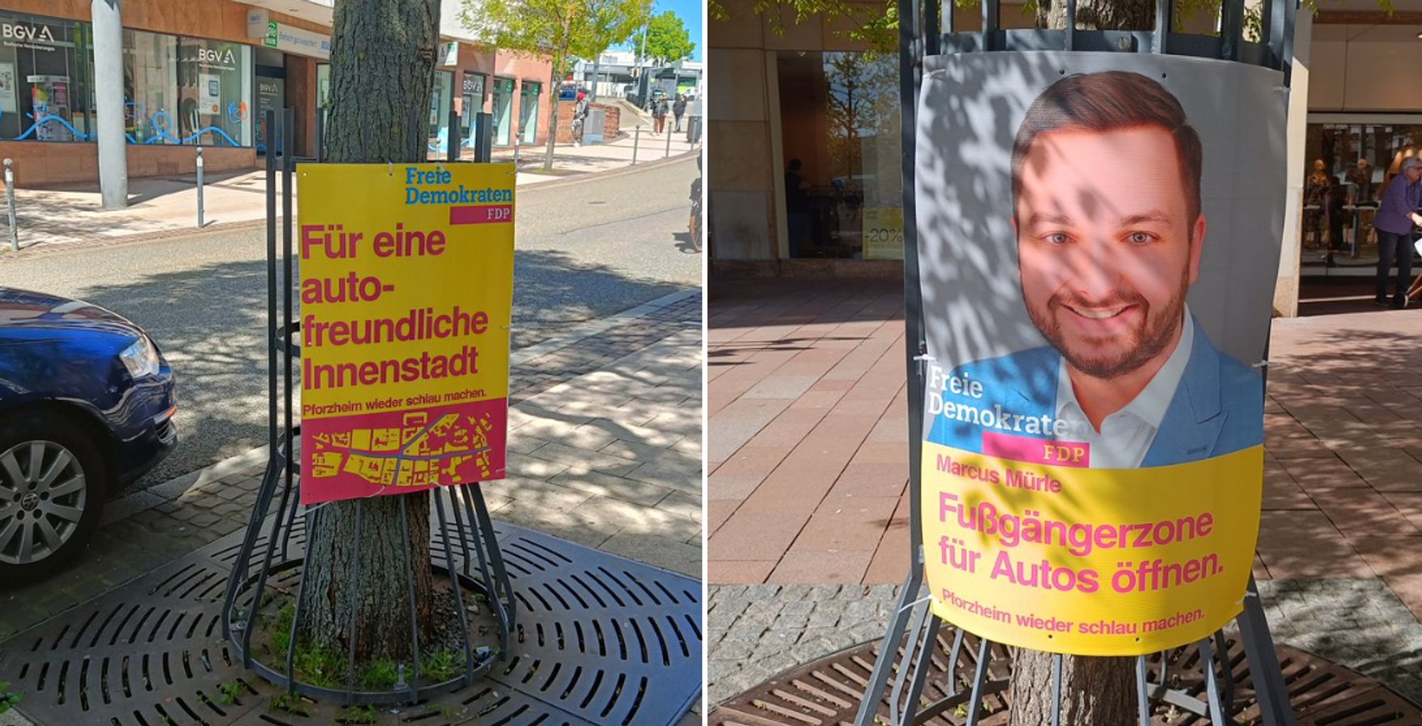 Zwei FDP-Wahlplakate mit der Aufschrift: "Für eine autofreundlichen Innenstadt" und "Fußgängerzone für Autos öffnen."