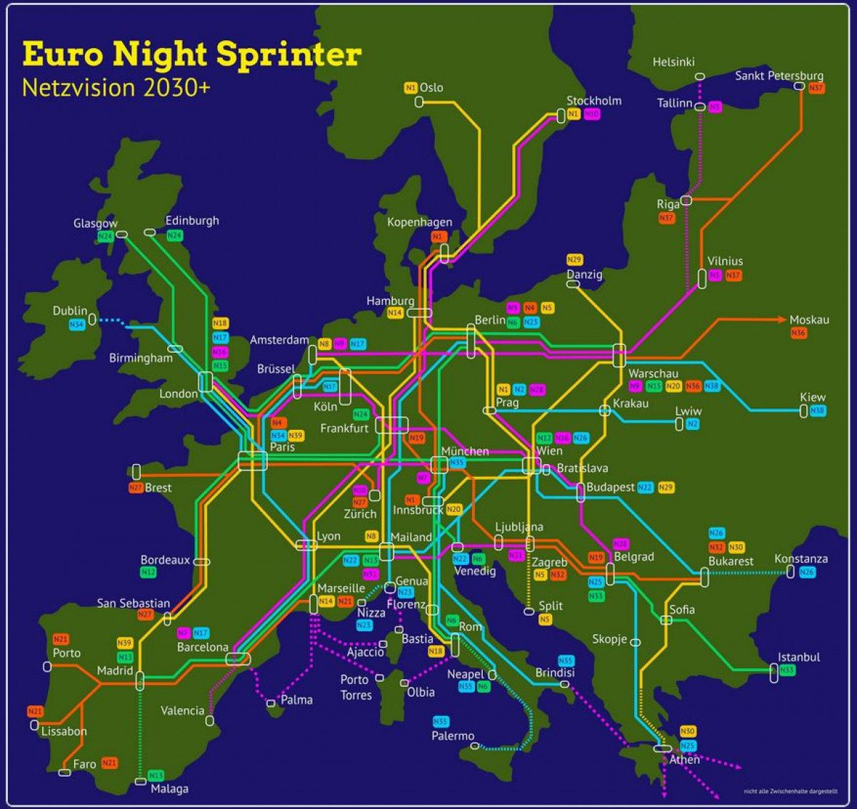 Karte von Europa mit verschiedenen Nachtzugnetzverbindungen.