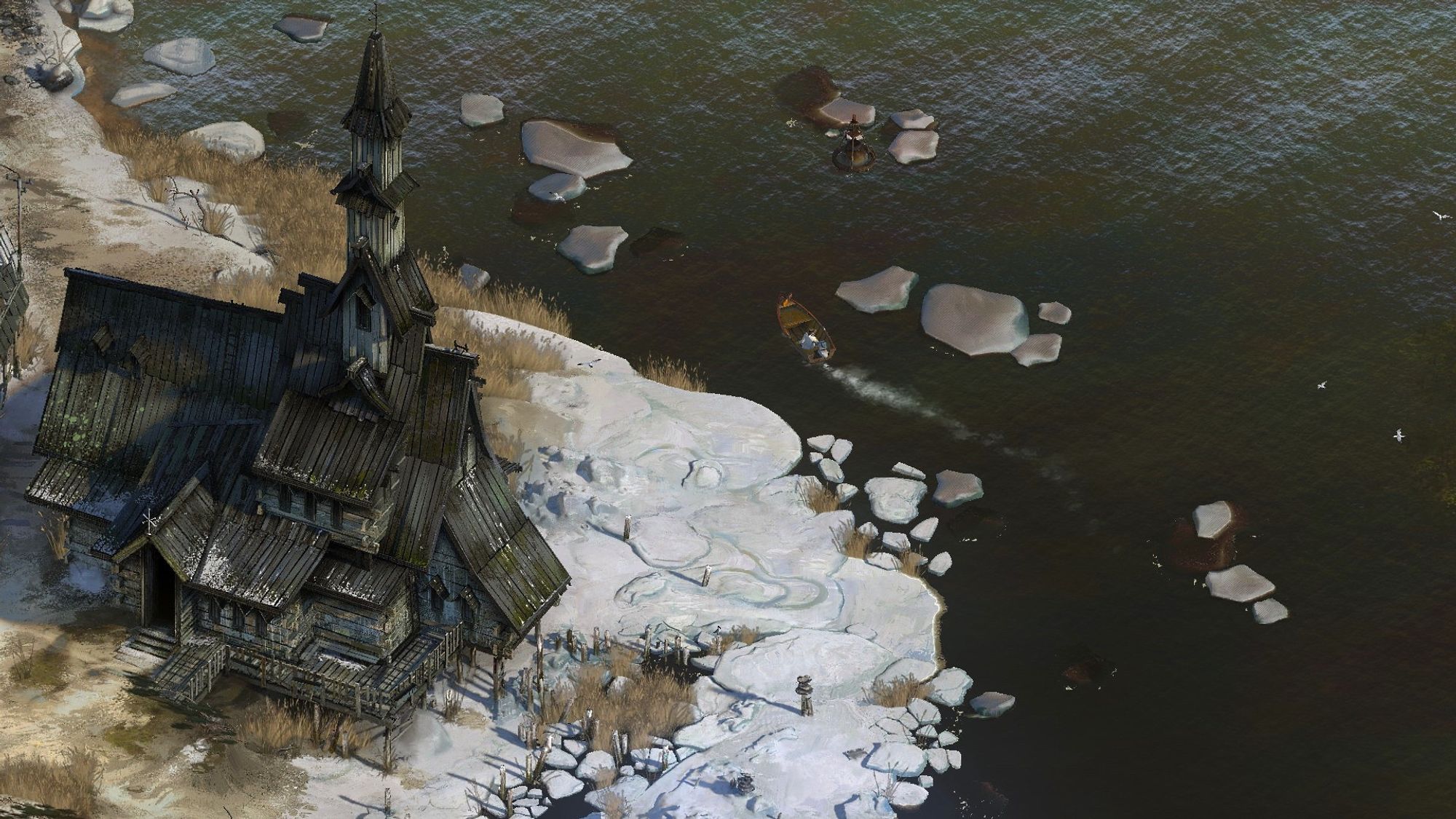 Screenshot from the game Disco Elysium showing the Dolorian Church of Humanity, the church being replicated in the first image