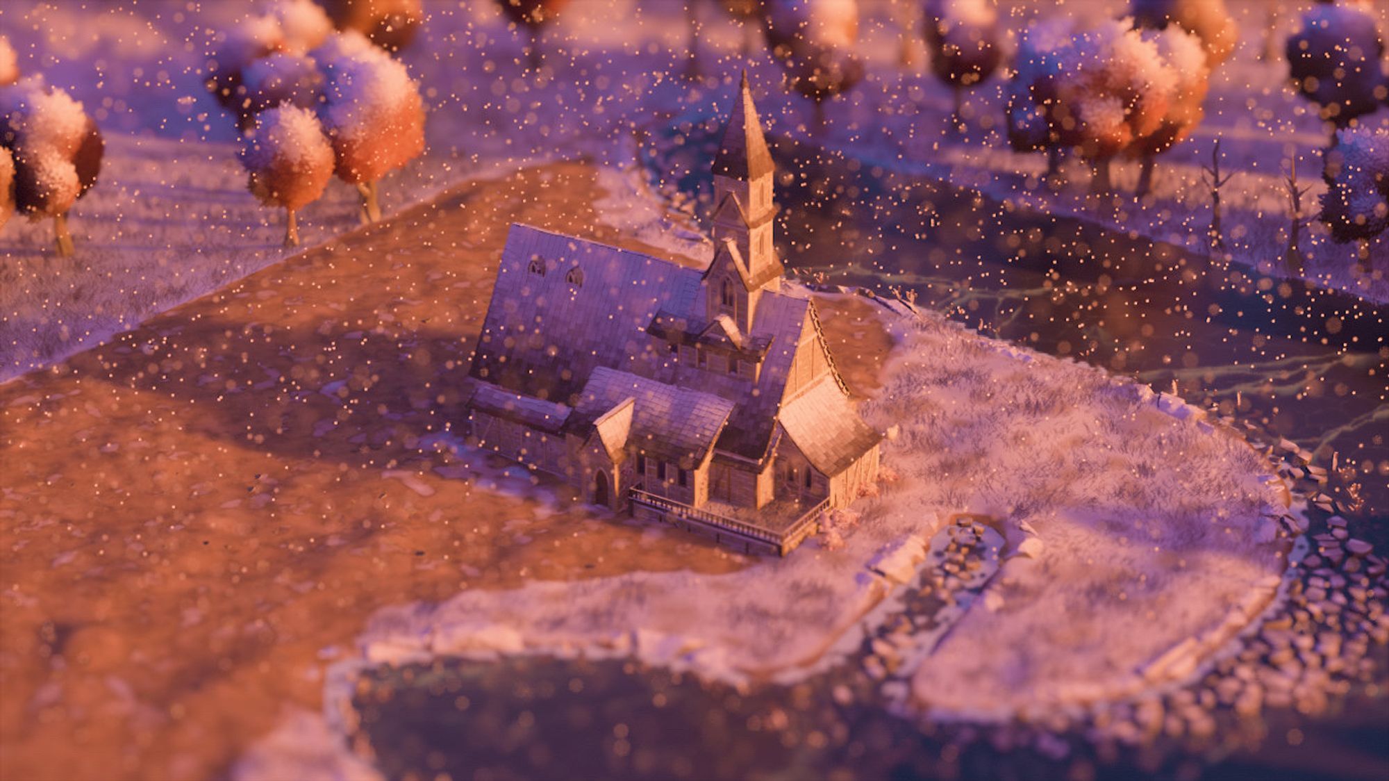 Screenshot from the game Tiny Glade featuring a church-like building. It’s snowing and the building is up against a frozen body of water