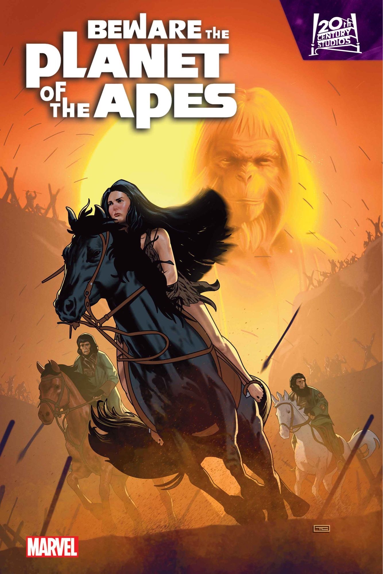 Image of characters from the planet of the apes franchise riding horses