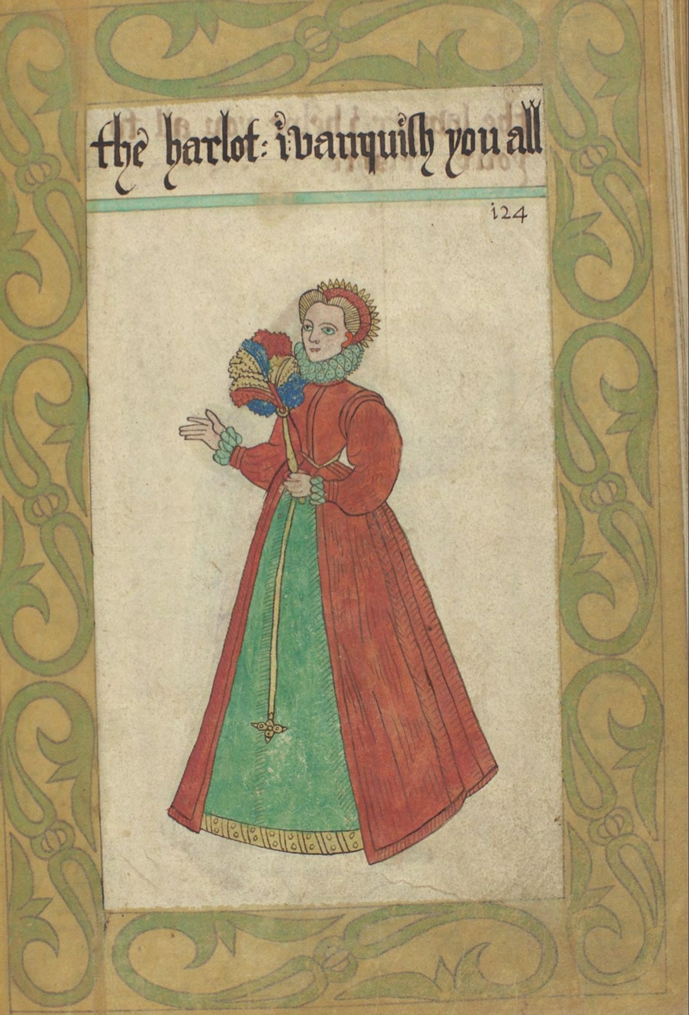 A woman in a red Elizabethan dress with feather fan and green ruff, under the text 'the harlot: I vanquish you all'