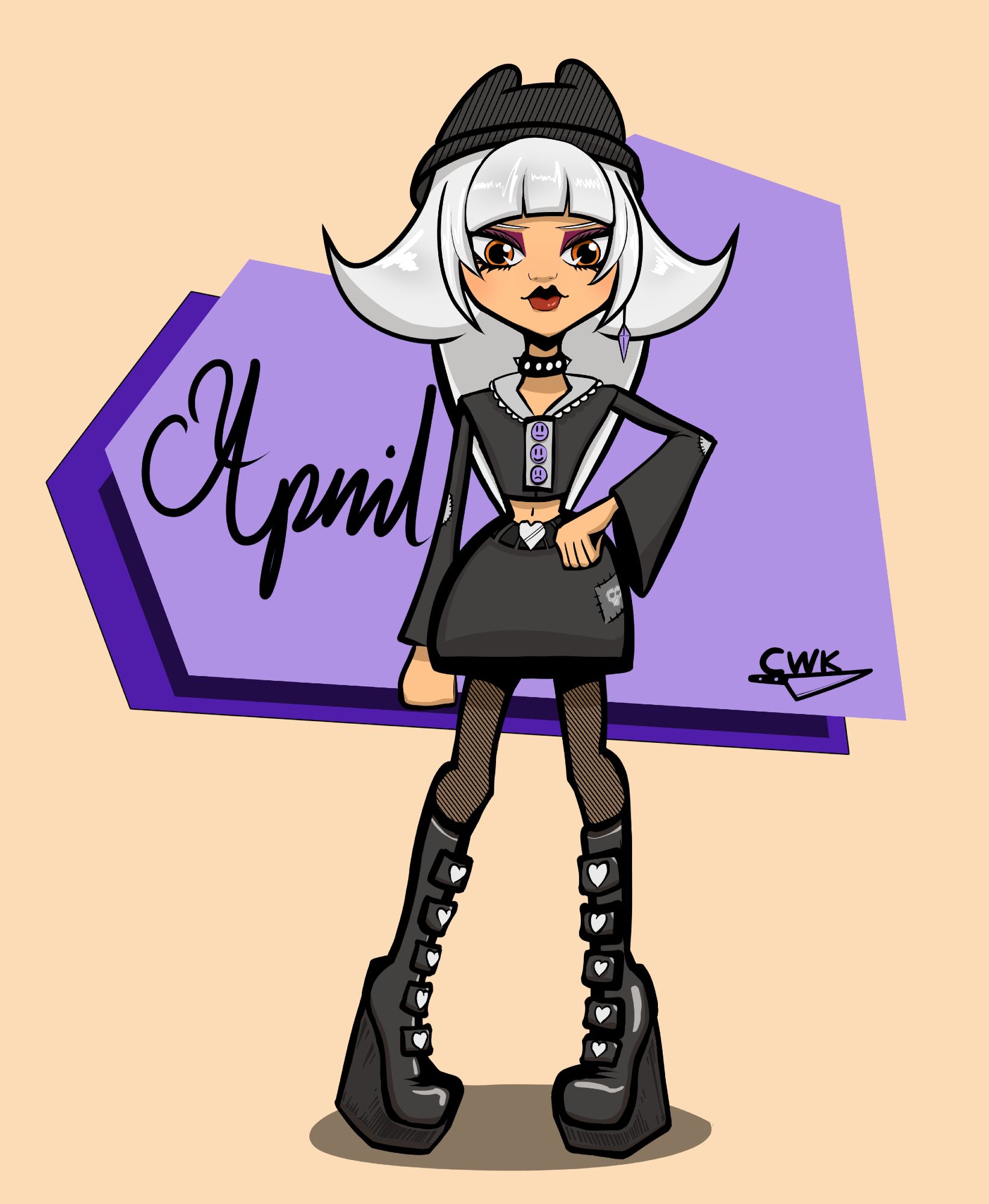 A white haired girl with fair skin in all black drawn in the style of Monster High G1. She has a floating purple heart behind her with the name April signed in cursive on it. The purple heart matches the accents in her outfit.