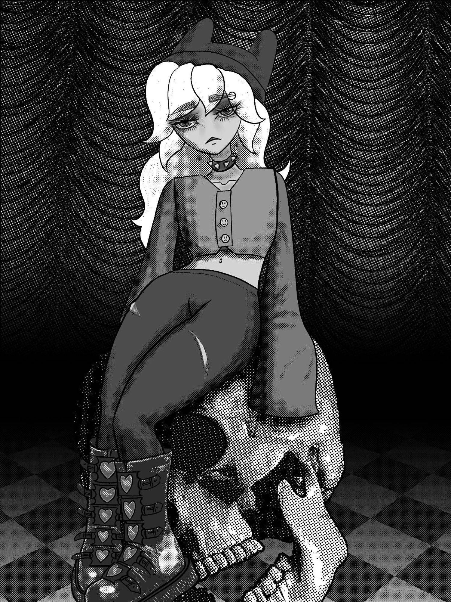 CrabWithKnife's OC April, a drawing of goth girl with white hair sitting on a photo realistic skull. She has big goth boots with hearts on them, and beanie that has bunny ears.