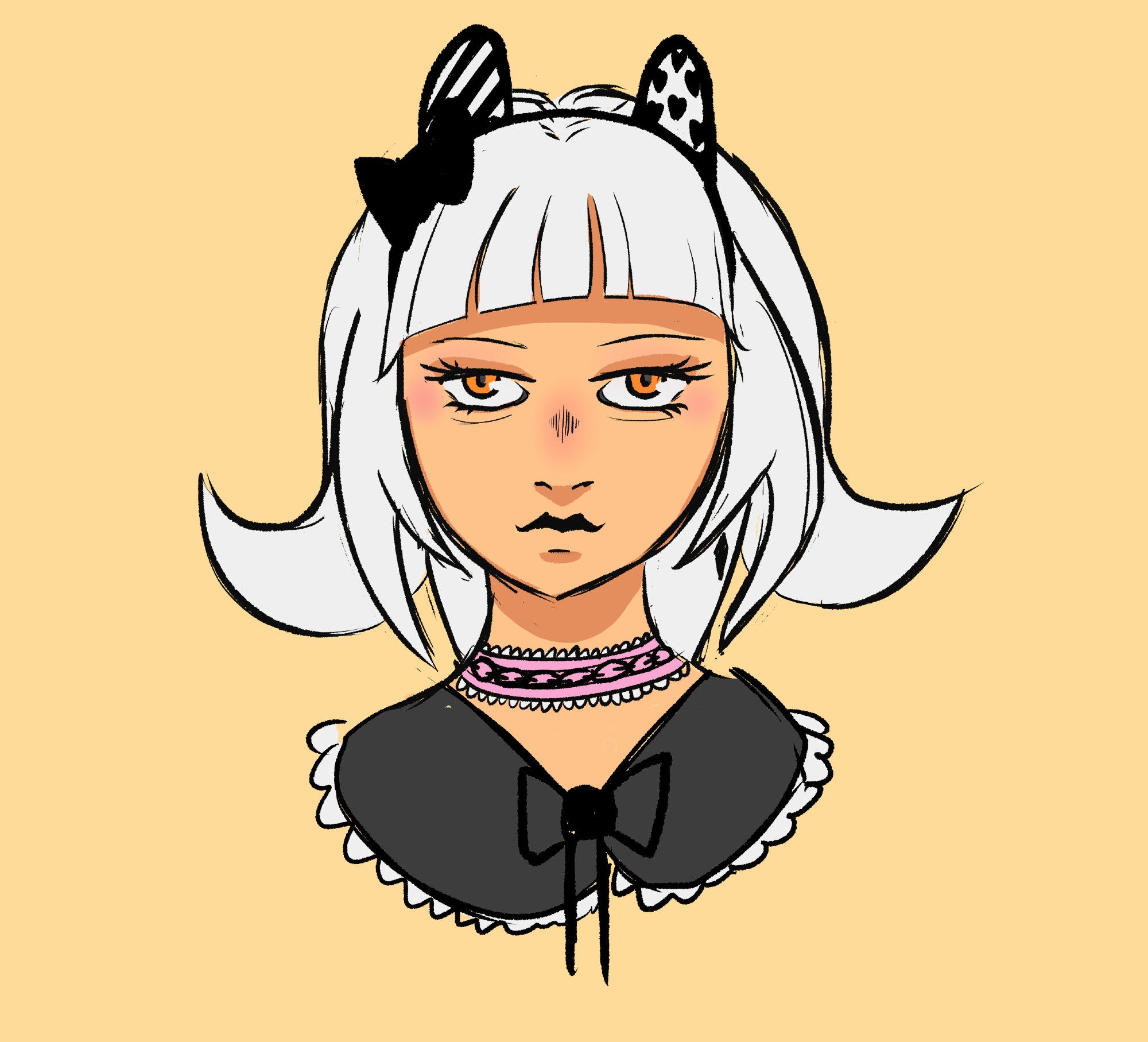 Girl with angry eyes, white hair, a bunny headband with a bow, and a frilly pink choker on a plain background.