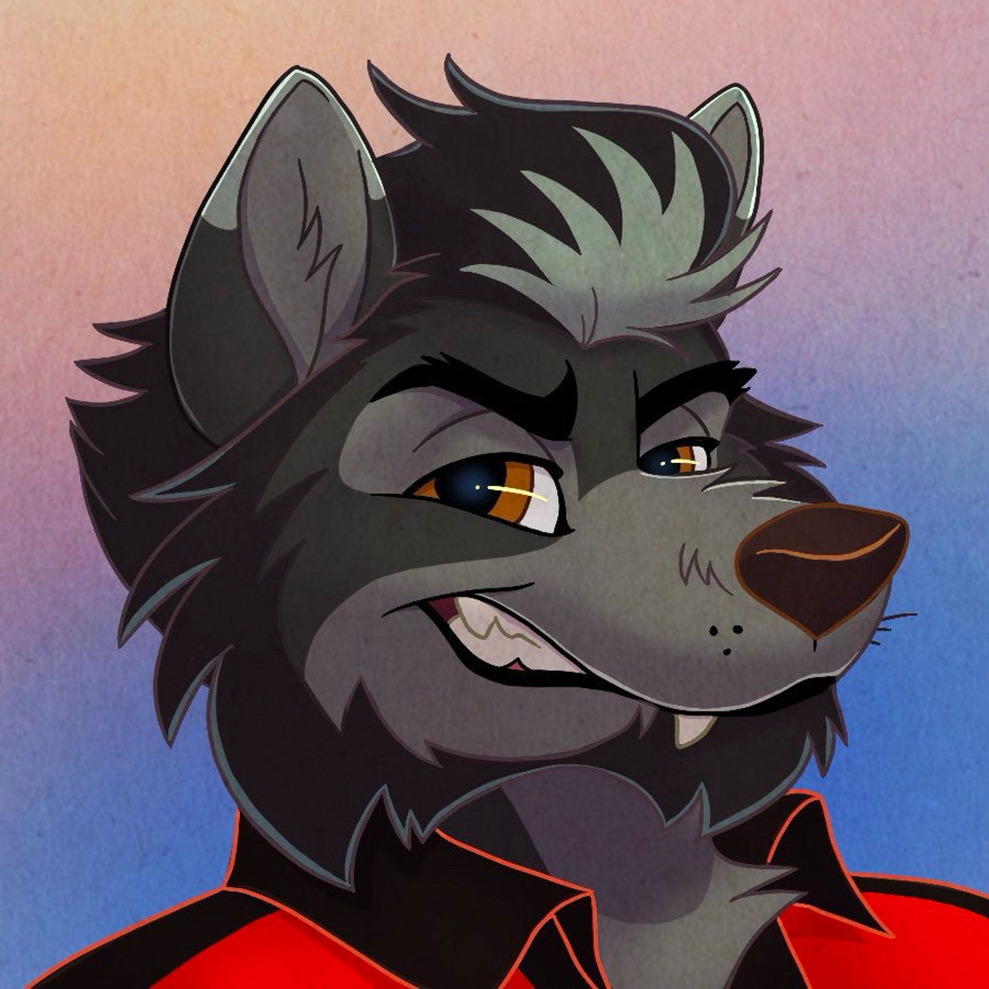 A dapper black wolf in a red and black collared shirt as an example of a toony icon