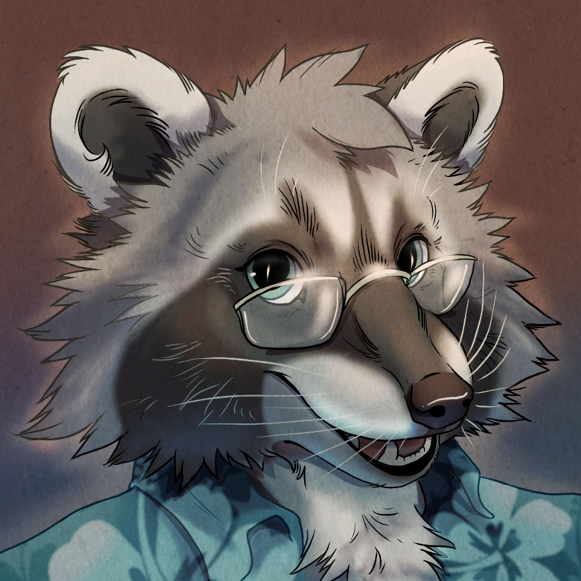 A realistic raccoon wearing a Hawaiian shirt and glasses