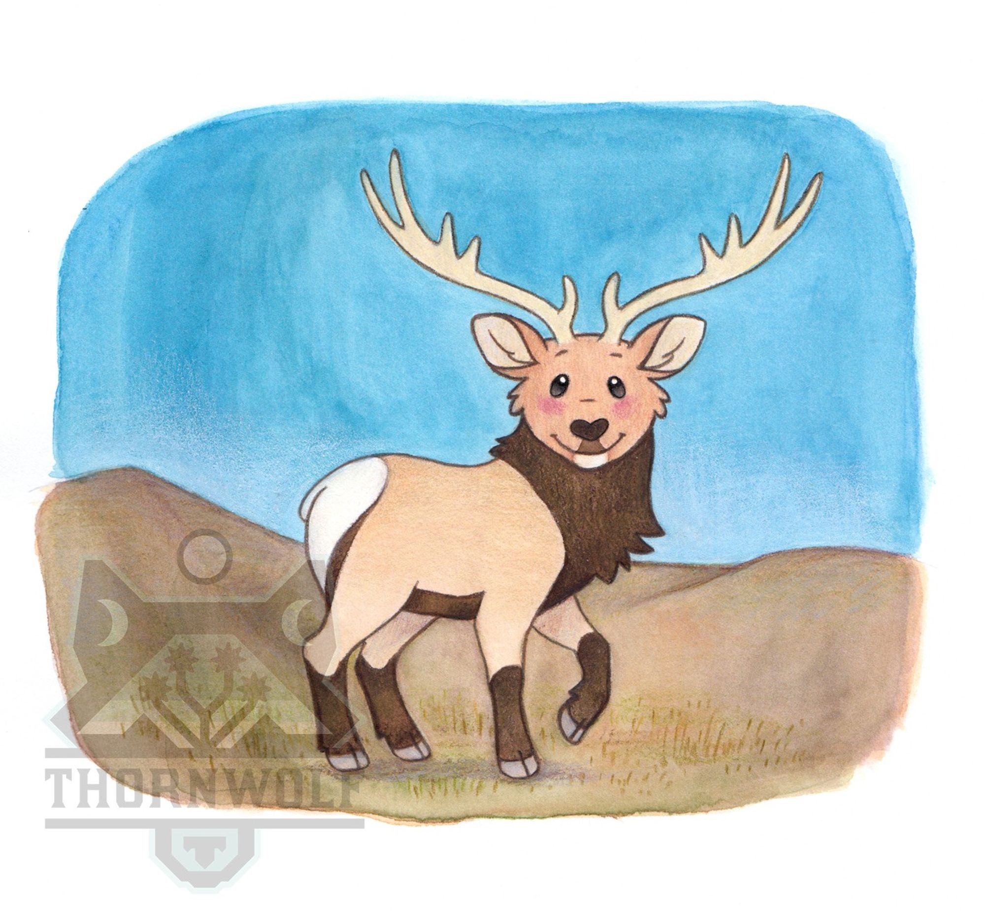 a chibi simplified watercolor and colored pencil drawing of an elk, body facing right, face facing the viewer, against a rolling hills background.