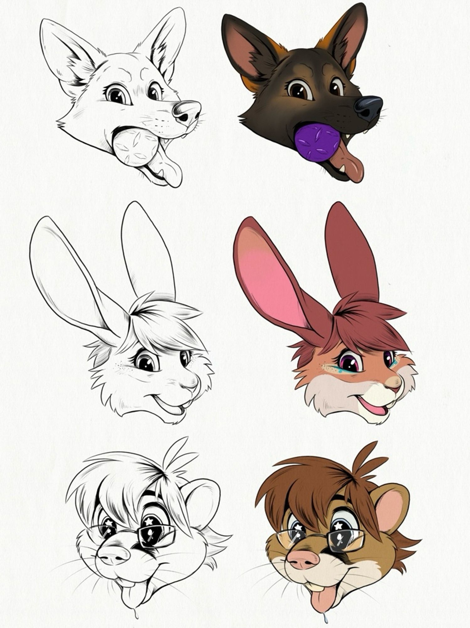 A group of headshot examples with their inked and flat colored versions next to each other. Species include: German shepherd, rabbit with head hair, kangaroo rat with head hair and glasses