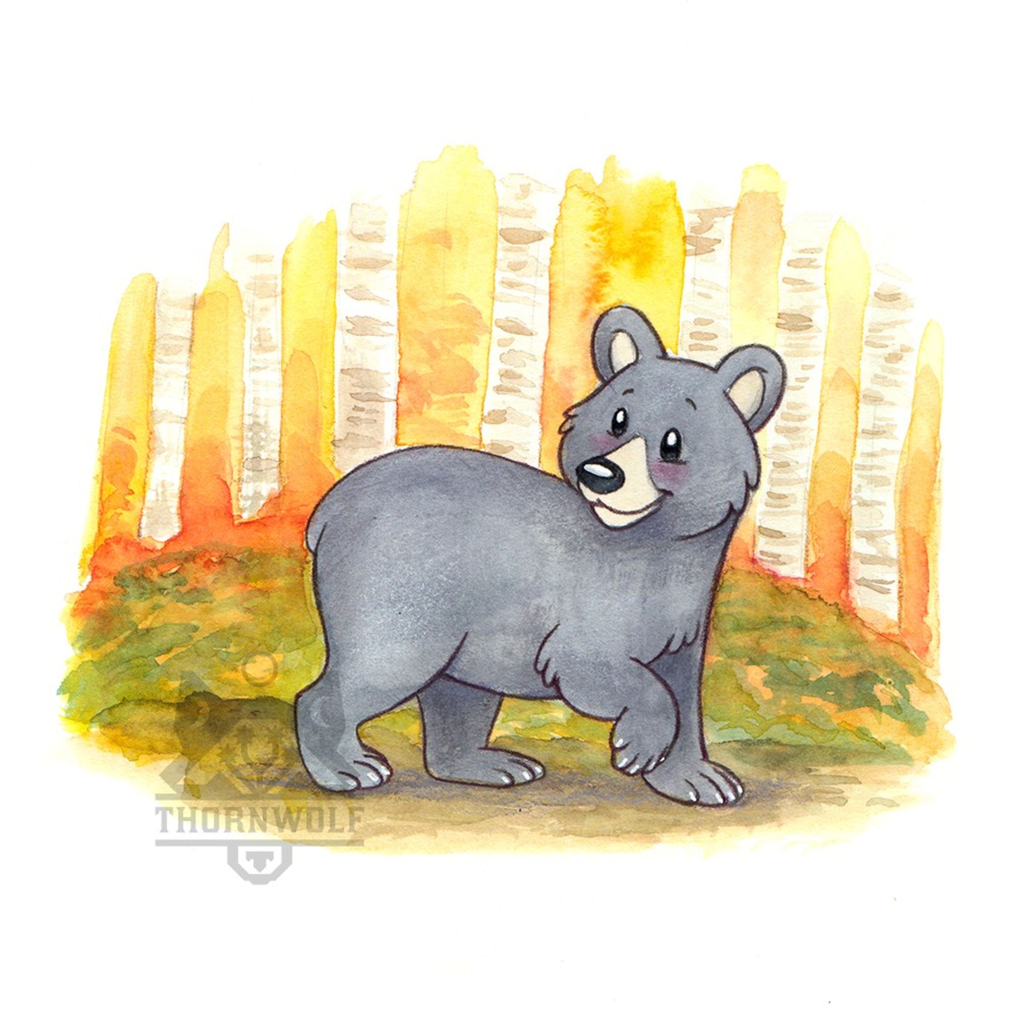 A chibi simplified watercolor and colored pencil drawing of a black bear against an autumn colored background with orange and yellow foliage, birch trees, and green indications of a bush in the foreground.