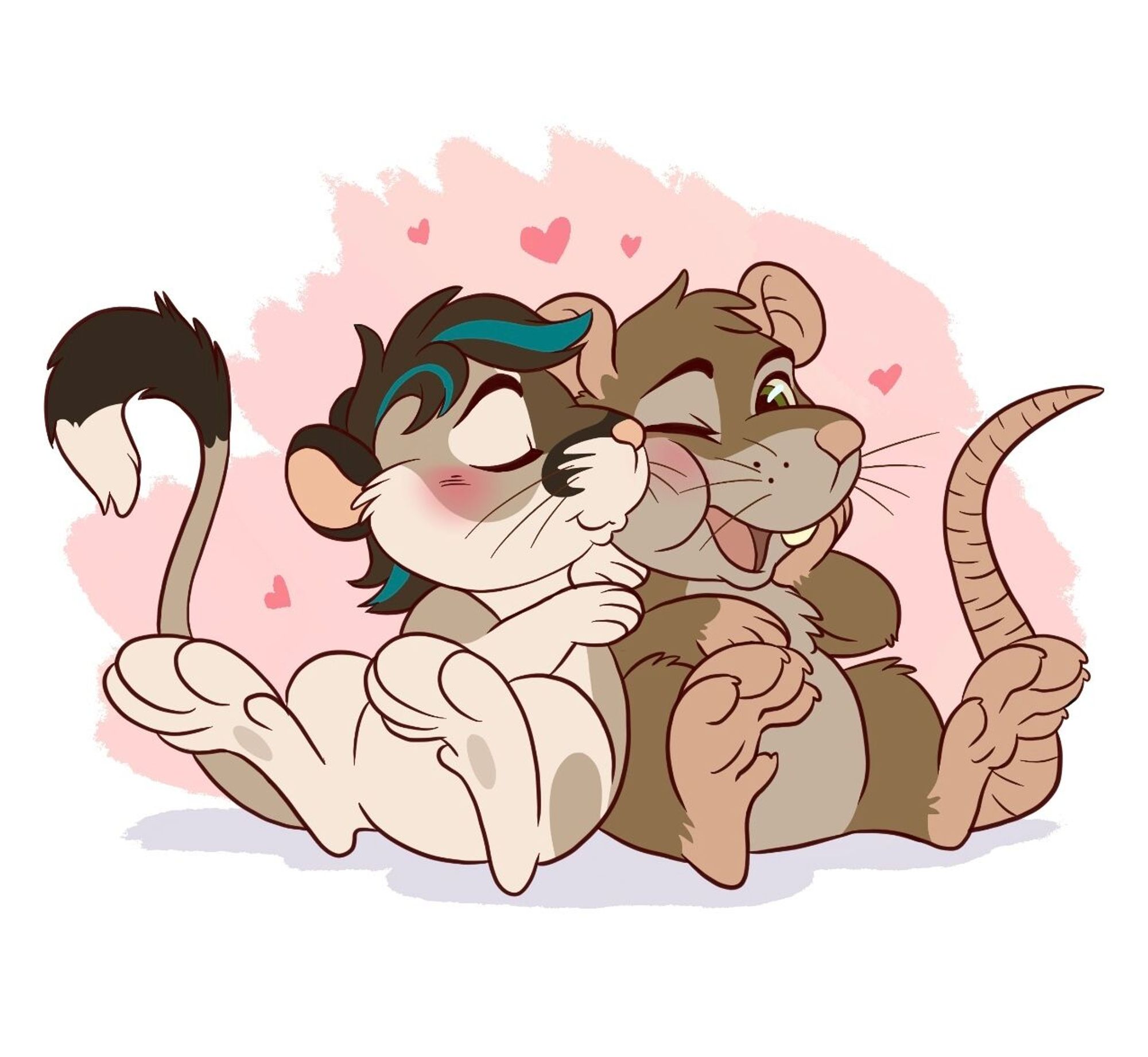 A chibi drawing of a kangaroo rat kissing a brown rat on the cheek