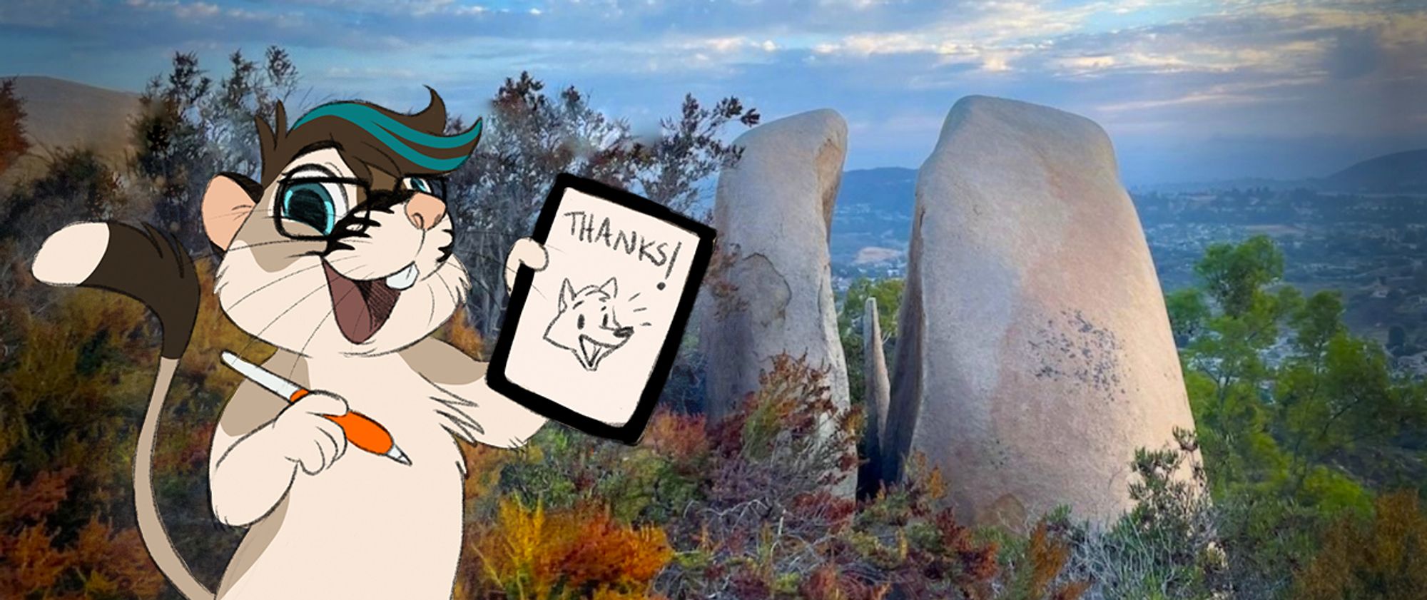 My kangaroo rat character sageblossom holding up an ipad with a wolf head that says "thanks!' while holding an apple pencil with an orange grip in her other hand. The background is Boulder Mountain in Poway which we are trying to save.