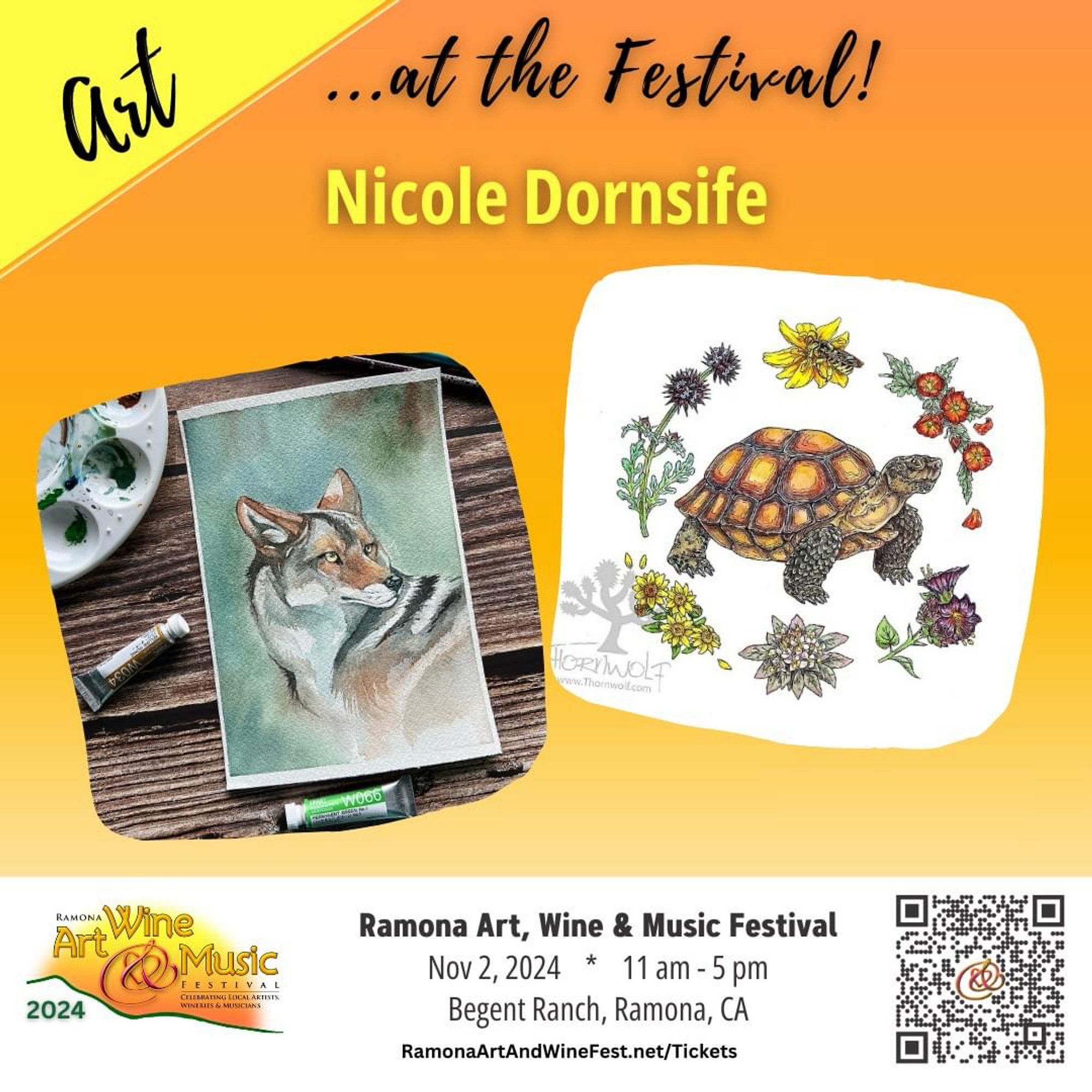 An ad for the Ramona art wine and music festival featuring a small selection of my artwork: a coyote watercolor portrait, and a desert tortoise