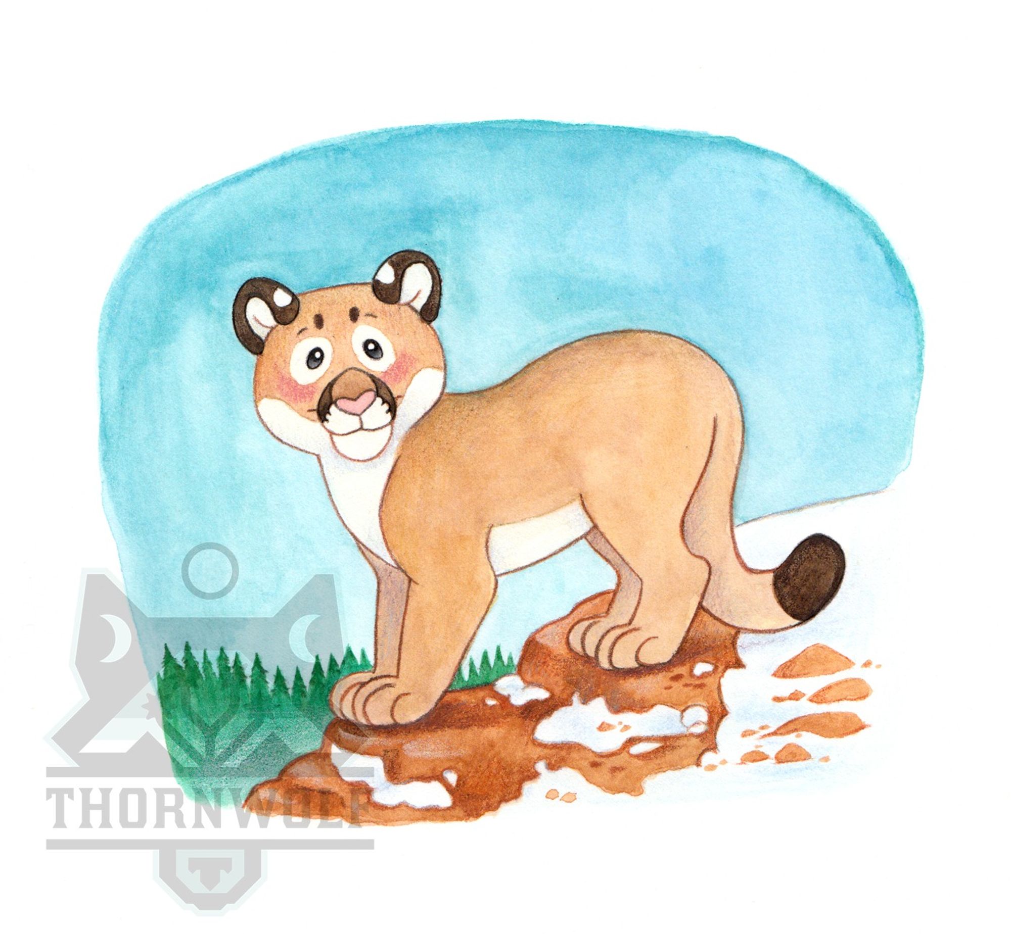 A chibi watercolor style drawing of a mountain lion on a snowy rocky promontory