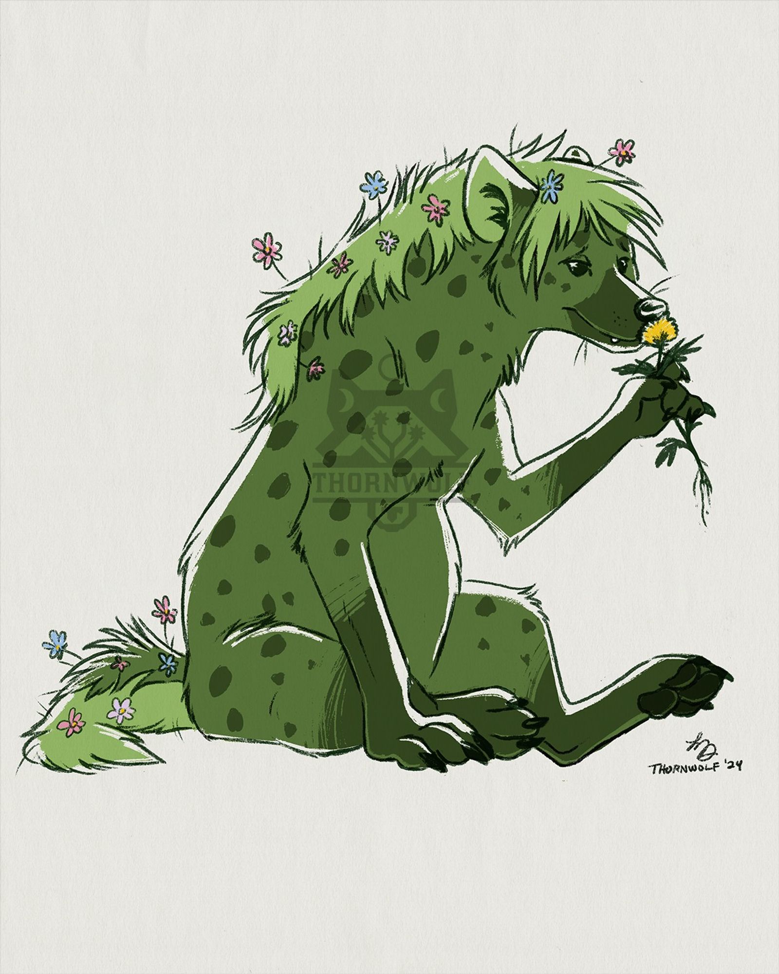 A hyena shaped creature (gnoll) that is medium mossy green and appears to be made of grass, with flowers sprouting from their mane. Creature is sniffing a plucked dandelion