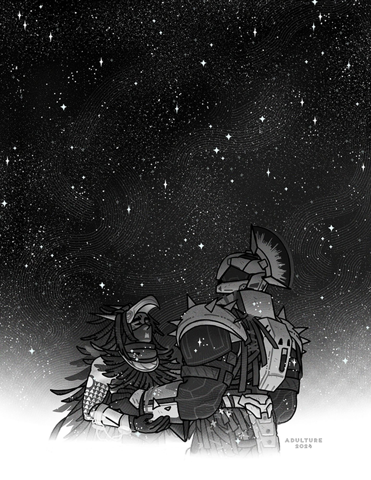 Osiris and Saint-14 from the video game Destiny 2 holding hands in a sea of stars while looking above to a sky full of stars