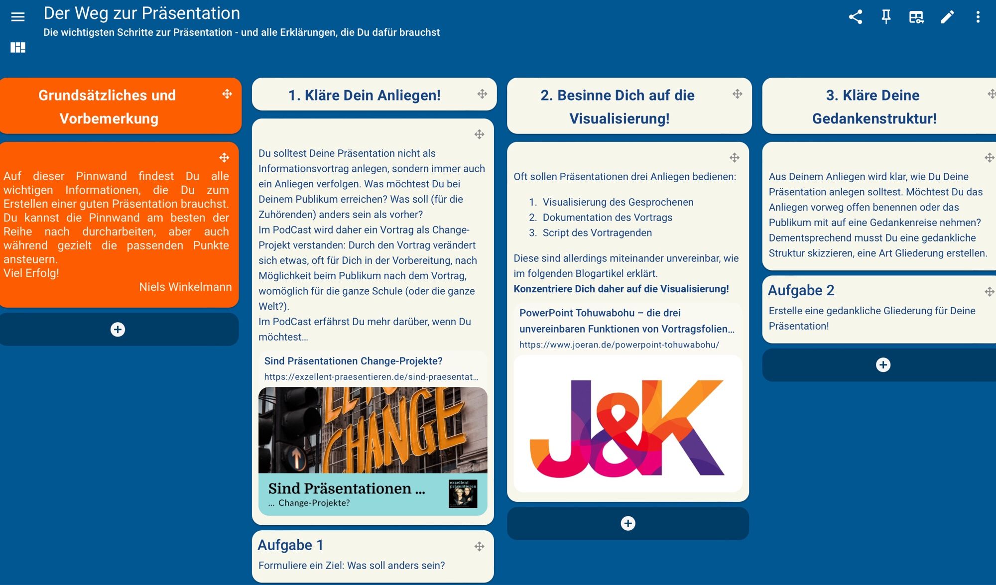 Ein Screenshot des Taskcards „Der Weg zur Präsentation“.