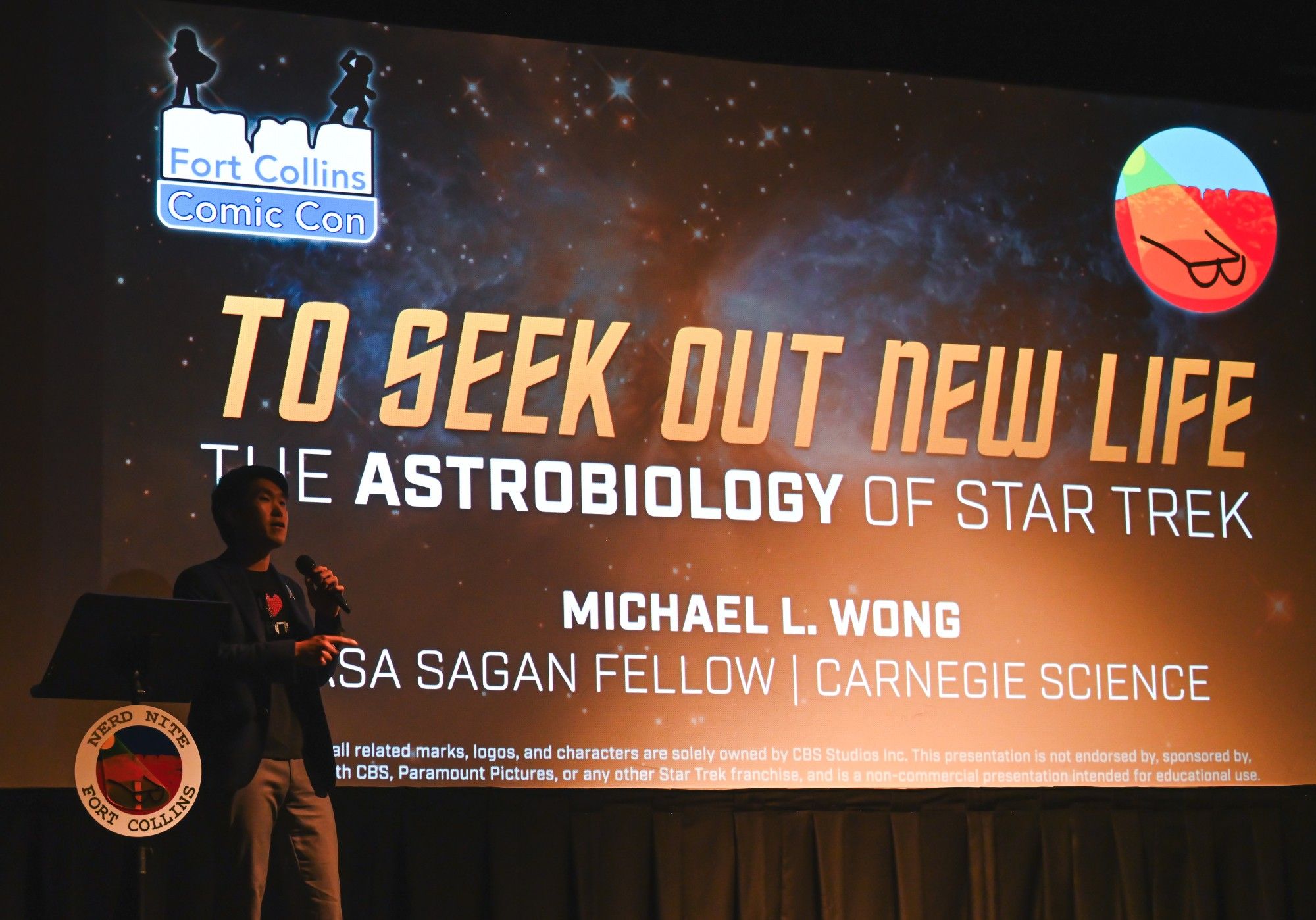 Me giving a talk titled "To Seek Out New Life: The Astrobiology of Star Trek"