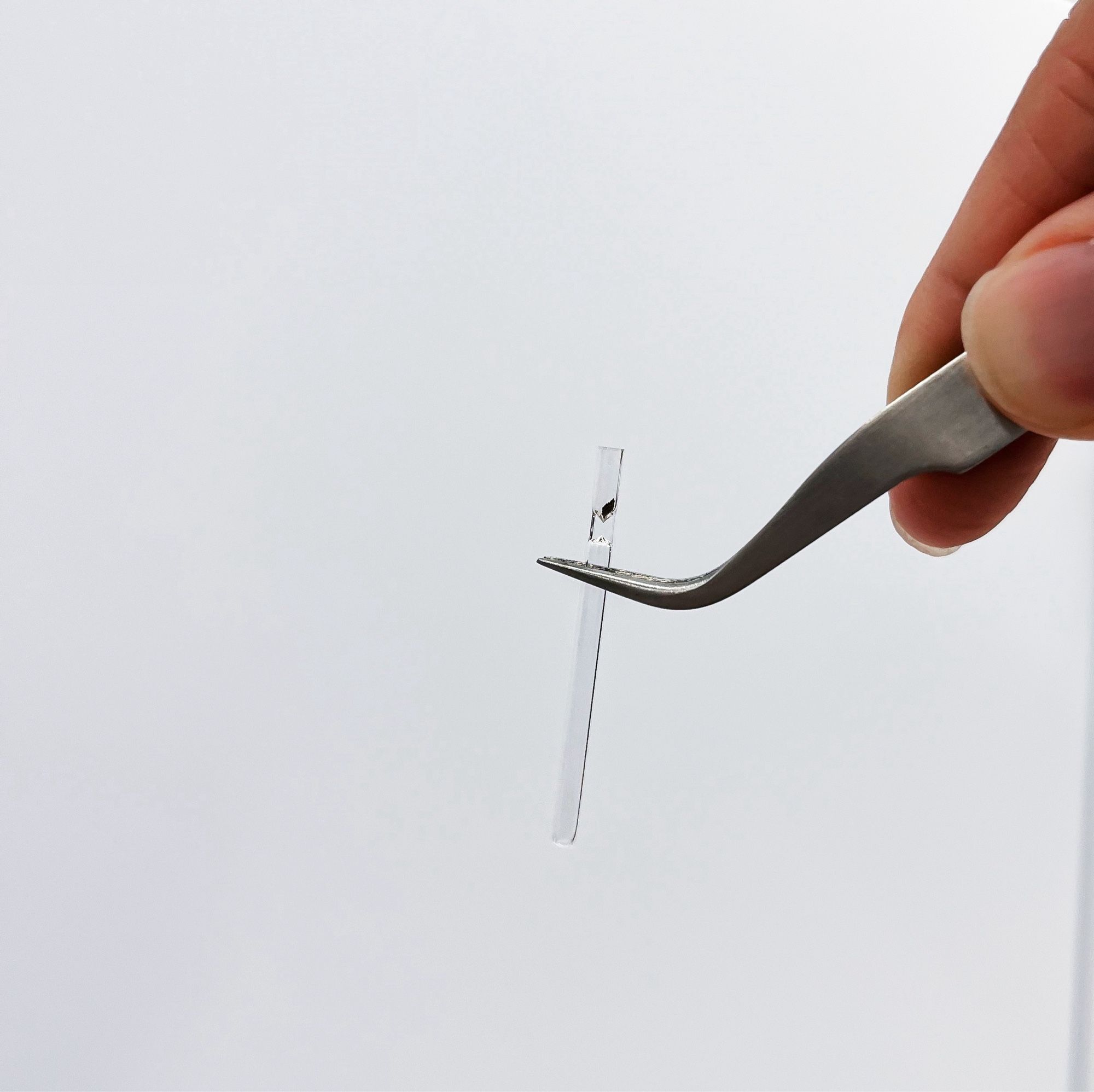 A piece of Oreo in a glass tube held by metal tweezers