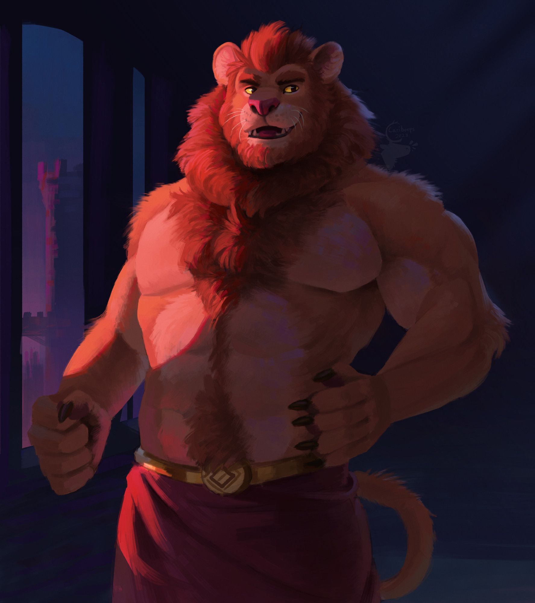 A muscular anthropomorphic lion named Liam stands shirtless in a dimly lit castle corridor. His left paw rests gently on his waist, while the other hand is held forward and clenched in a gentle fist. Around his hips is red cloth that bunches and twirls down from a gold metallic band. The morning light casts across half of his body to create a fiery display of warm hues; especially with the oranges of his super fluffy beard, mane, and chest fur. His heavy eyebrows are raised, the gold eyes below them gazing across the hall. He seems to have something to say, as his mouth is open and shaped into a half smirk with tongue and teeth confidently displayed. Behind him are curved windows showing a castle tower and the sky growing steadily brighter in the early hours of the day.