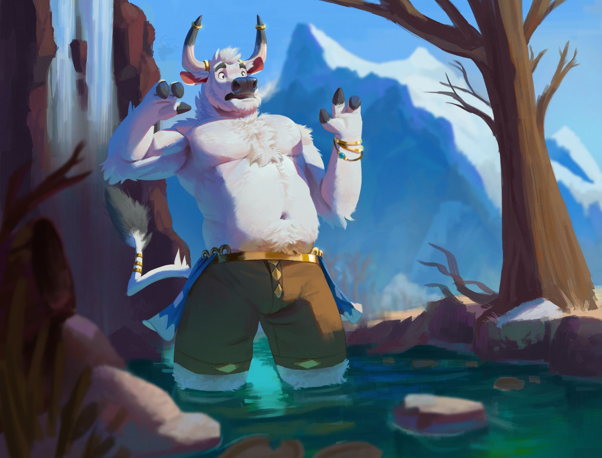 A furry bull stands in a rocky creek, a snow-capped mountain range rising in the distance. There's a cliff behind him with a misty waterfall, and a golden grassland to his left full of trees without leaves. He's elegantly dressed in a pair of shorts with a gold waistband and diamond patterns. He has gold rings on his horns, tail and left wrist. Rings on his waistband rest against his belly, and act as anchors for blue cloths that drape down the side of his thighs. His muscular, fluffy torso receives the brunt of a midday sun, though his right side is in shadow and lit by light bouncing off the water. 

It may be spring here, but that water is still remarkably cold for our bovine wanderer. His snowy white fur stands on end, and his tail sharply rises like a lightning bolt. His eyes are wide open and his mouth is curled in an expression of shock. His warm breath is visible in the cooler air and he lurches his body in recoil, arms braced upwards as he questions his choice to swim today.