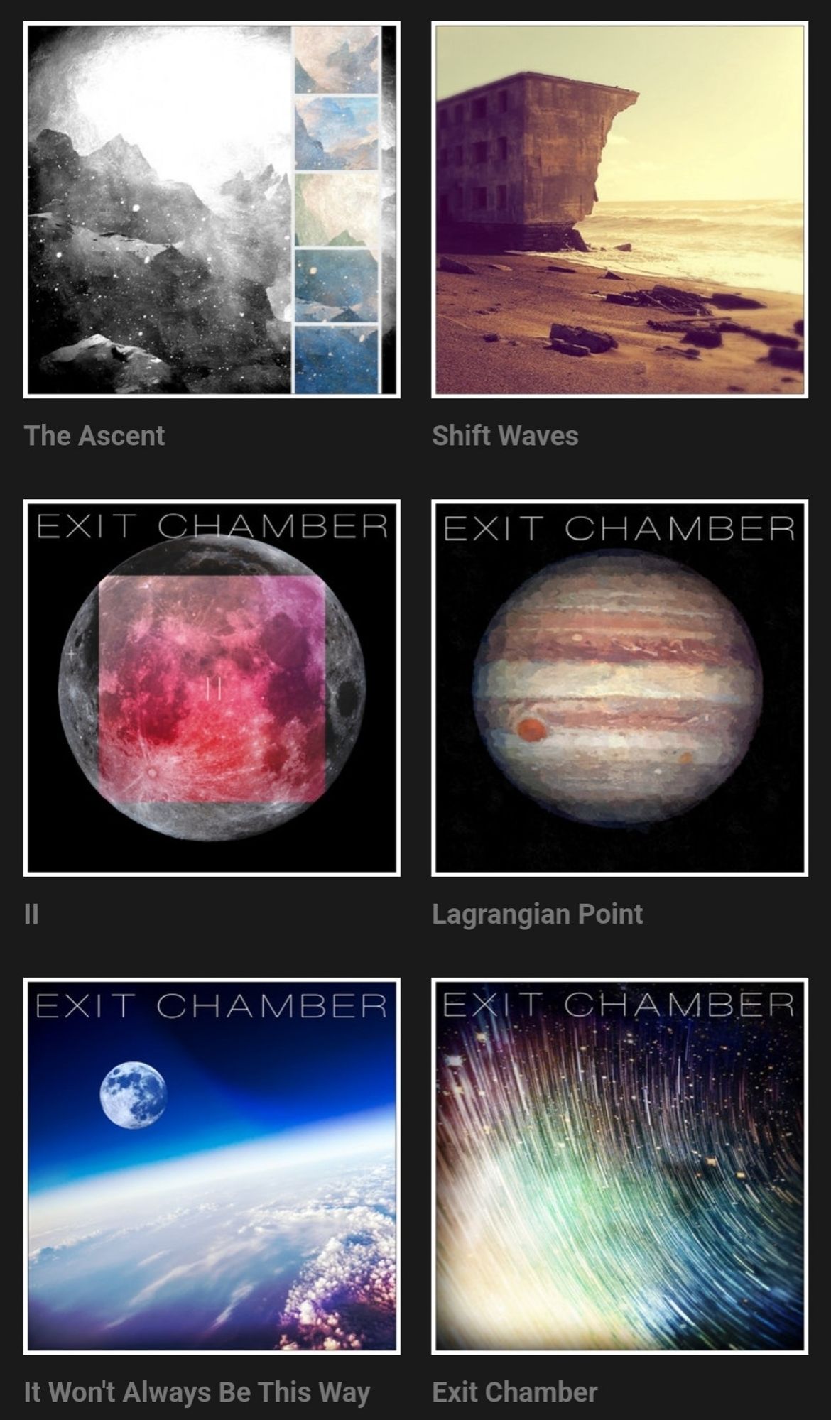 A screenshot of Bandcamp showing six Exit Chamber EPs/singles