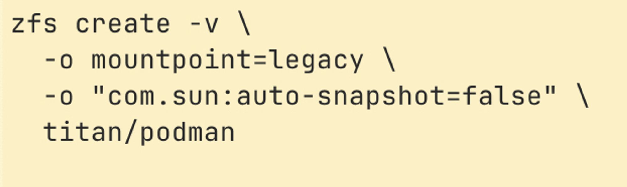 zfs create -v -o mountpoint=legacy -o "com.sun:auto-snapshot=false" titan/podman