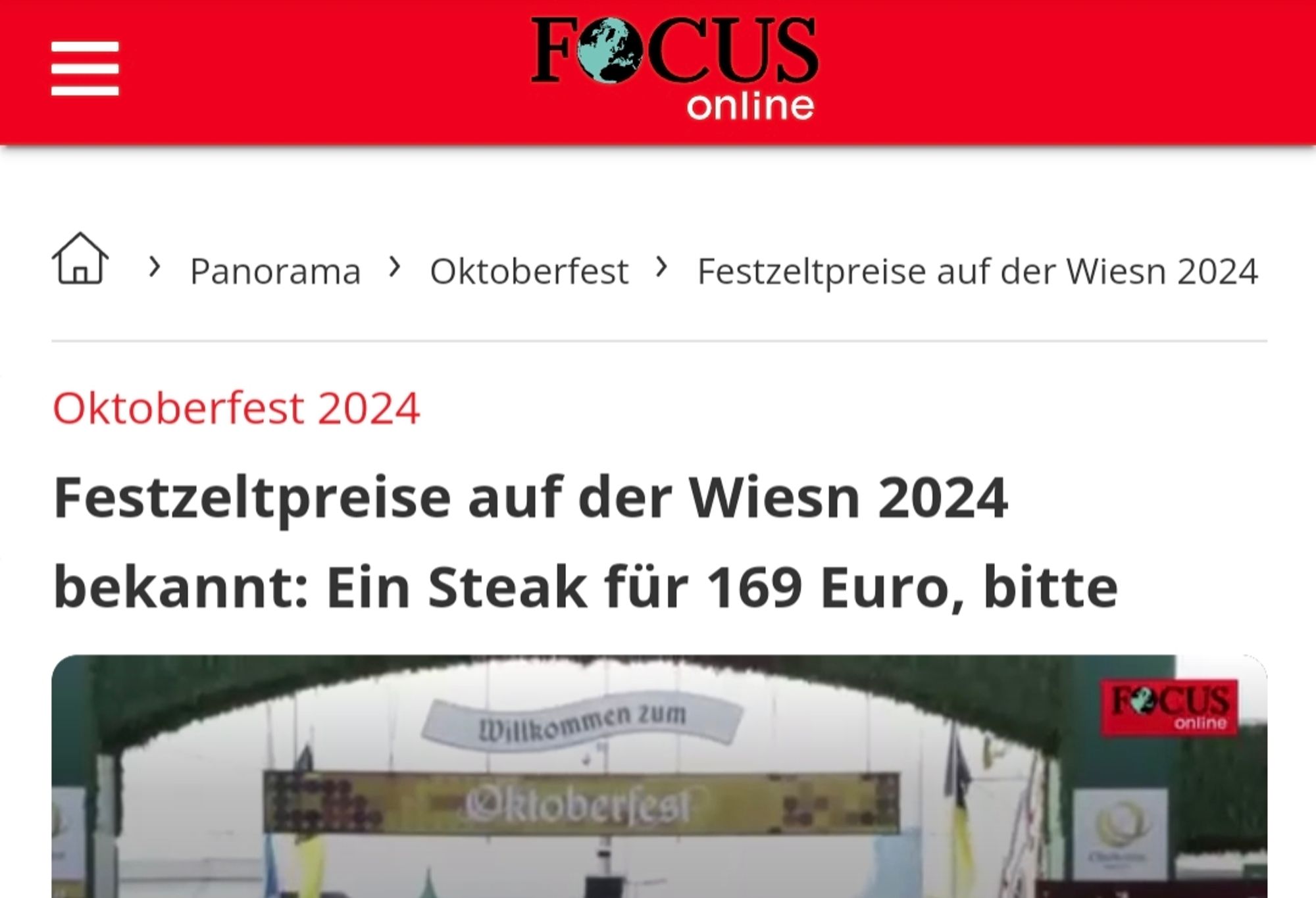 Ausschnitt eines Artikels vom Focus mit dem Titel: "Festzeltpreise auf der Wiesn 2024 bekannt: Ein Steak für 169 Euro, bitte"