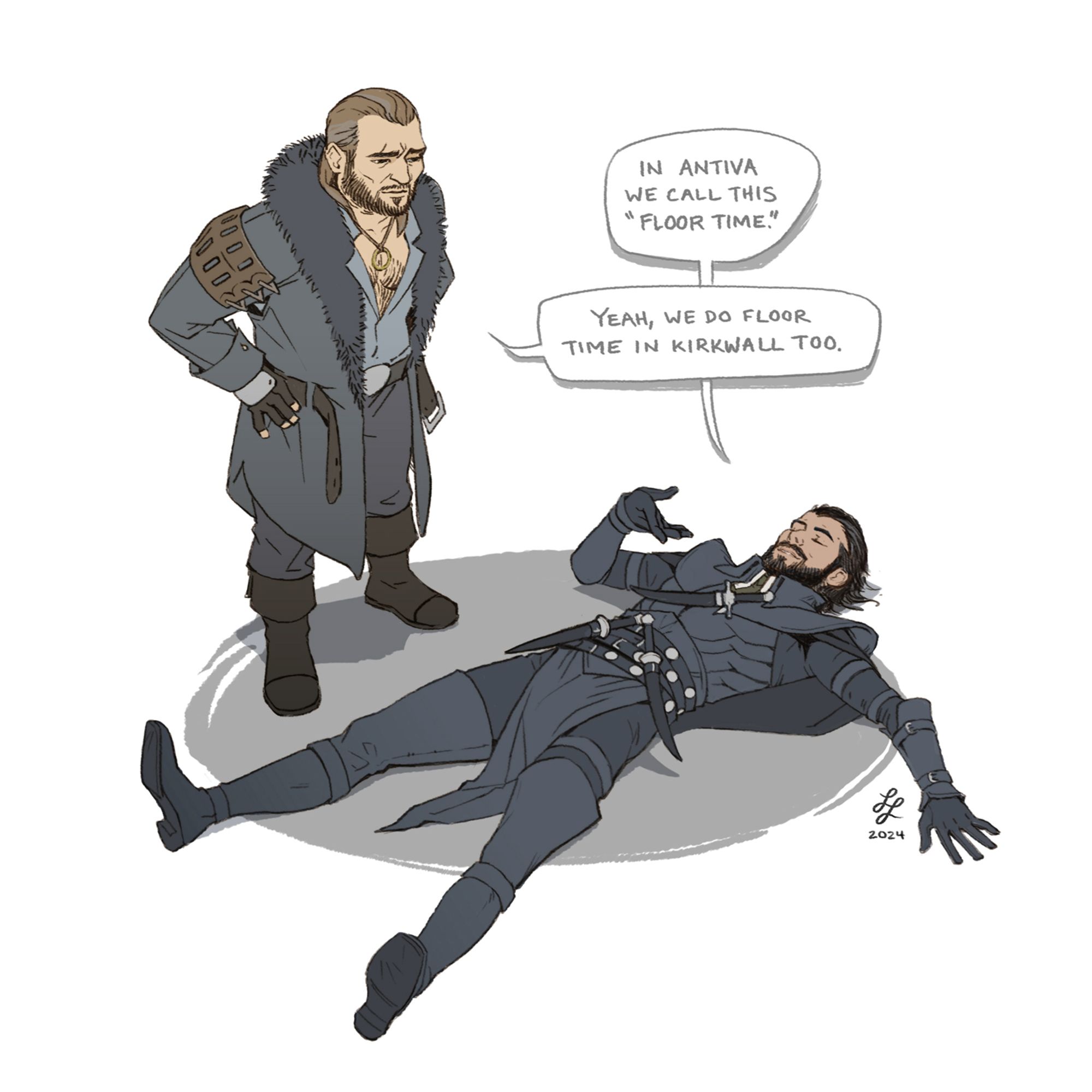 Fanart of Varric and Lucanis from Dragon Age: The Veilguard. Lucanis is laying on the floor, Varric is standing nearby. Speech bubbles read: "In Antiva, we call this floor time." "Yeah, we do floor time in Kirkwall, too."