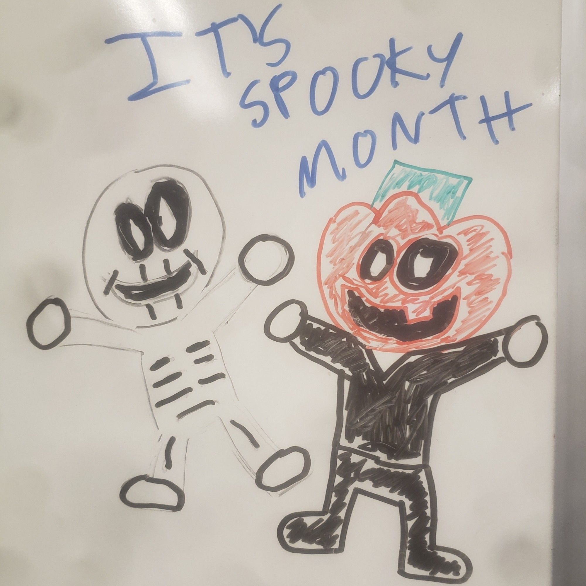 Spooky month characters before October. On a white board