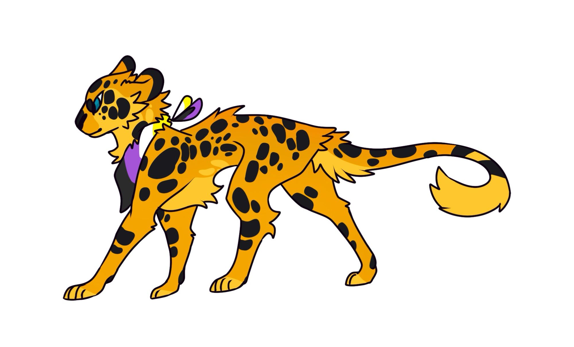 A golden cheetah with black spots and aqua eyes with a non-binary flag bandana tied around their neck.