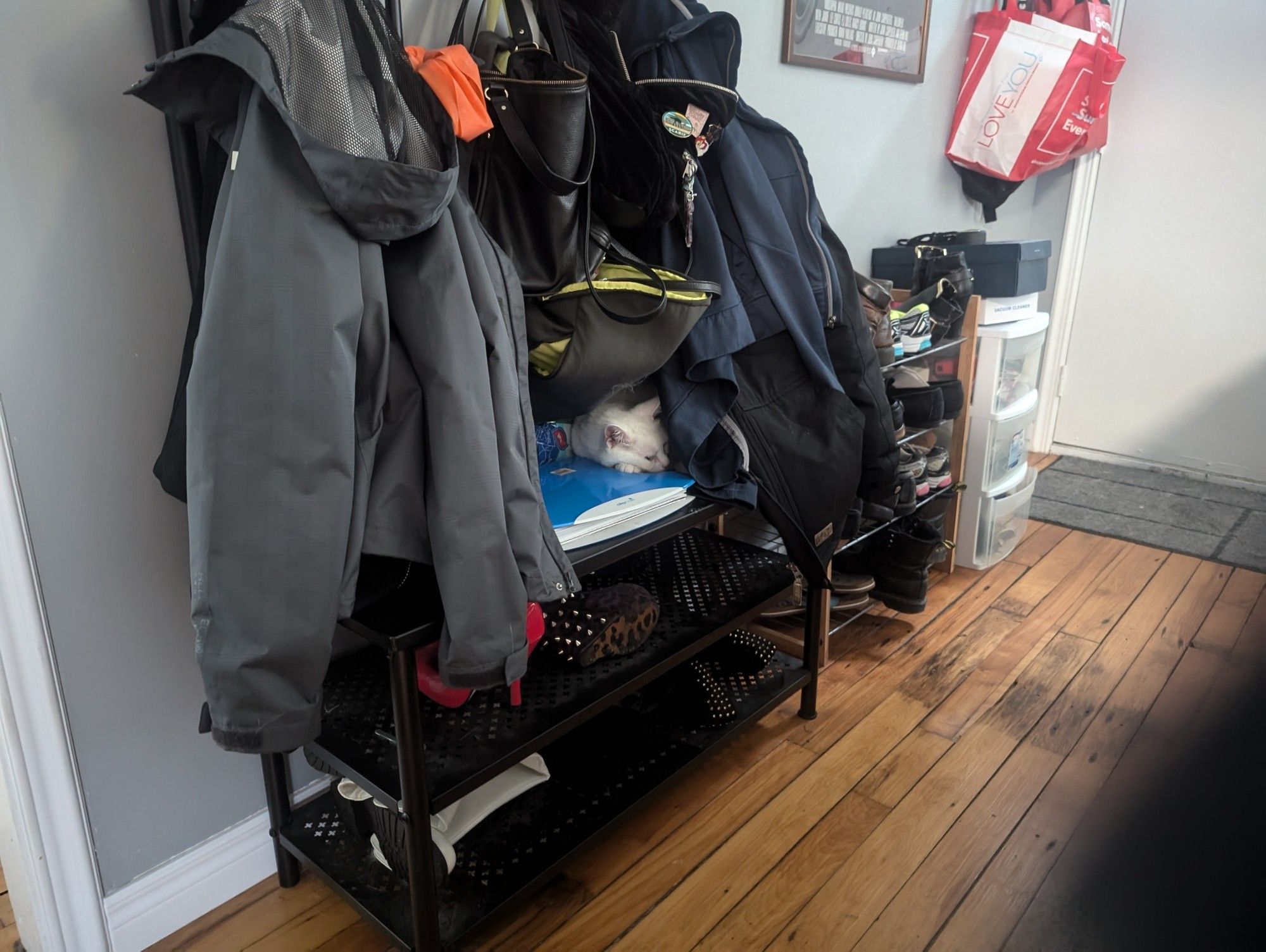 A white cat under a coat on a coat rack bench