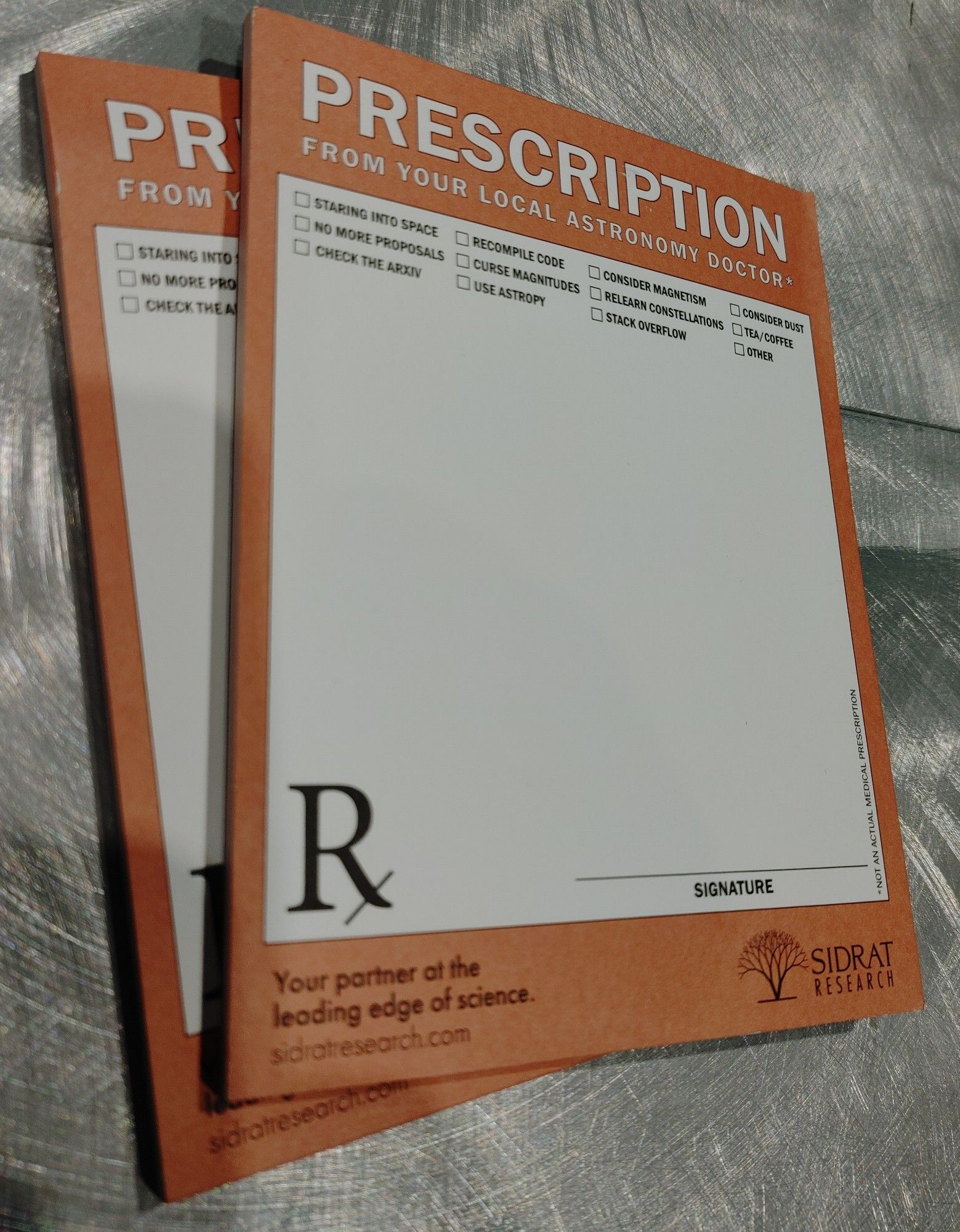 A prescription pad with common recommendations from Astronomers